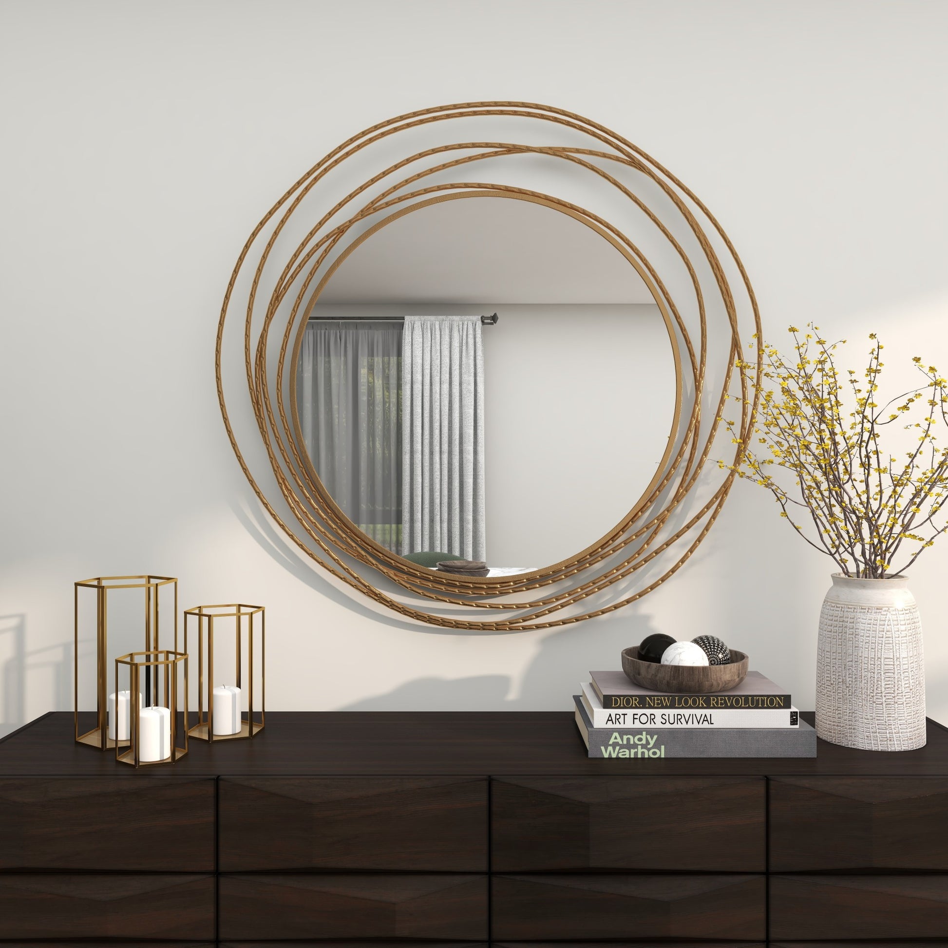 Gold Metal Room Wall Mirror with Overlapping Ring Frame