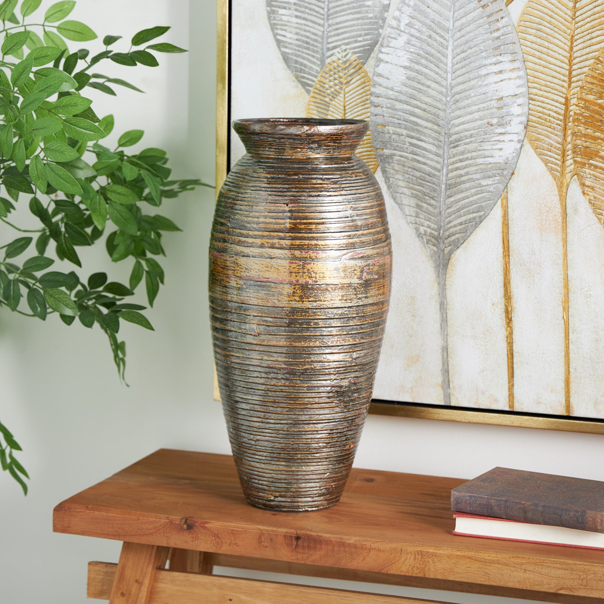 Brown Bamboo Wood Textured Decorative Vase with Lacquer