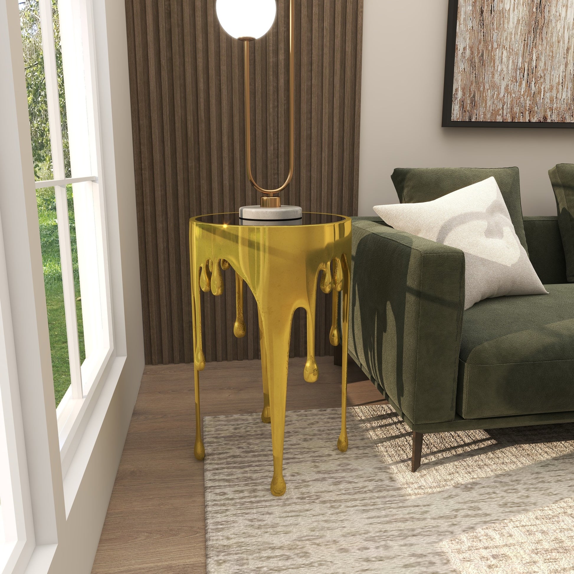 Abstract Aluminum Metal Drip Side End Accent Table with Melting Design and Shaded Glass Top