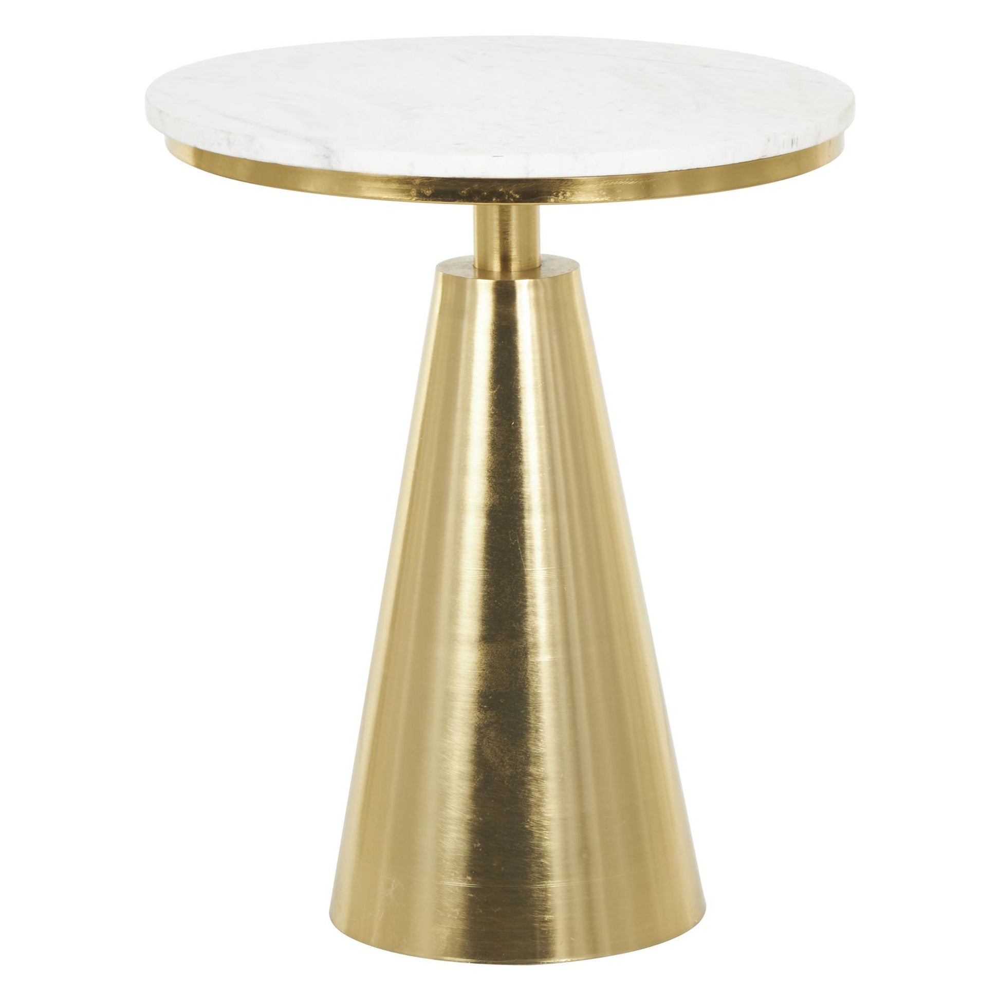 Geometric Gold Metal Cone Side End Accent Table with White Marble Tabletop