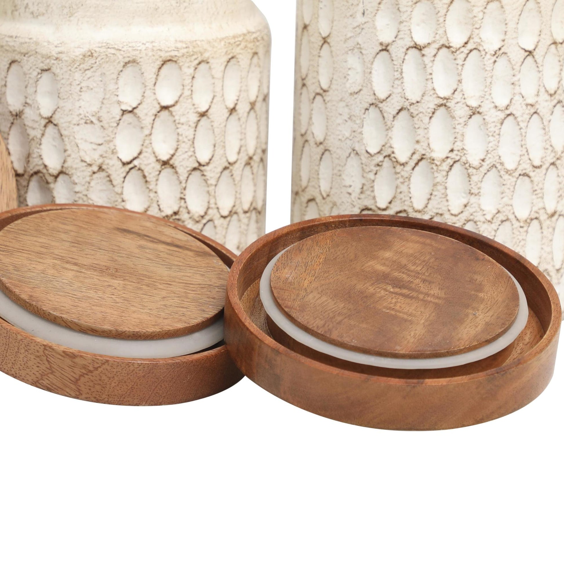 Set of 3 Geometric Cream Paper Mache Handmade Carved Spotted Decorative Canisters with Brown Removable Lids
