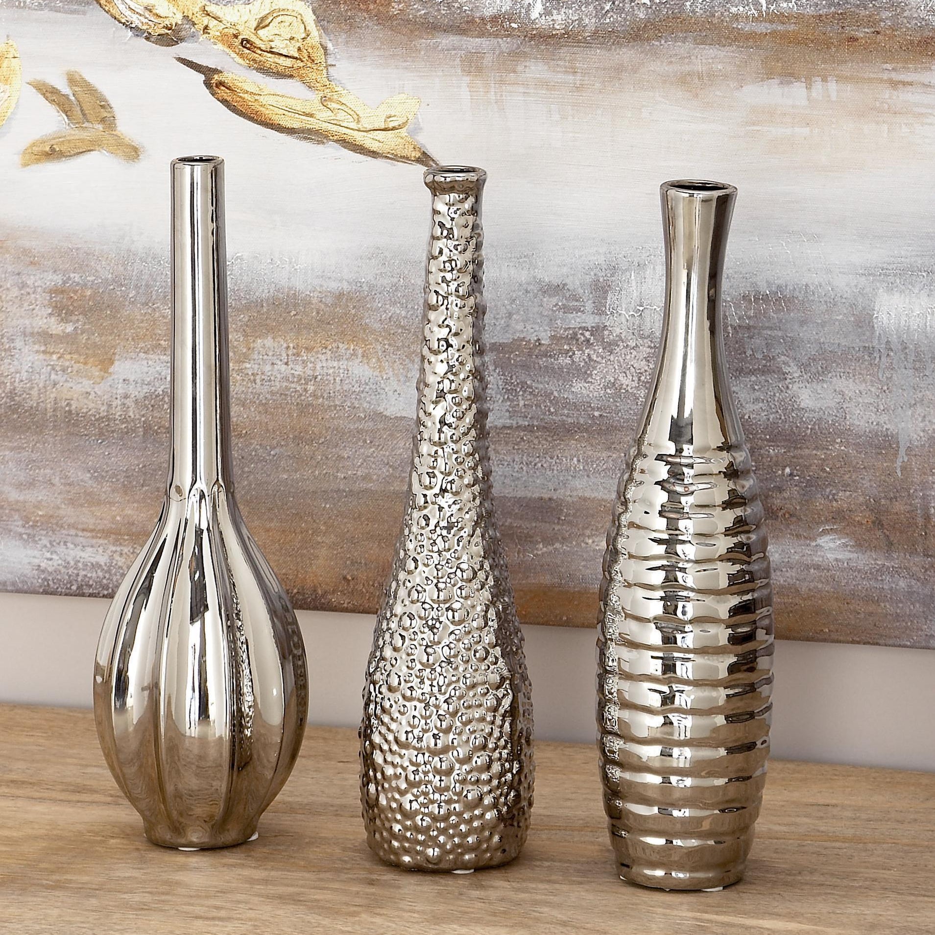 Set of 3 Ceramic Slim Textured Bottleneck Decorative Vase with Varying Patterns Set of 3 4"W, 12"H