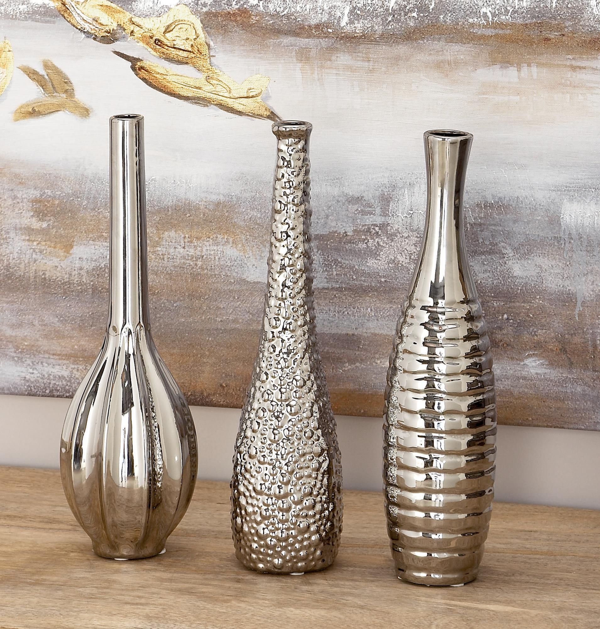 Set of 3 Ceramic Slim Textured Bottleneck Decorative Vase with Varying Patterns Set of 3 4"W, 12"H