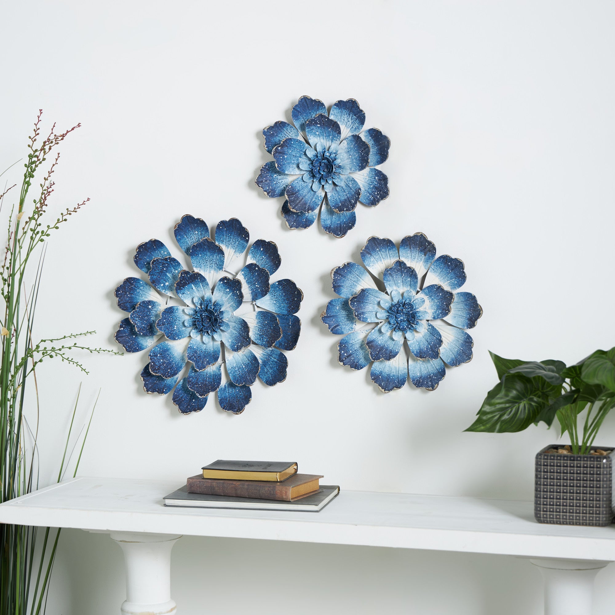 Set of 3 Floral Blue Metal Home Wall Decor