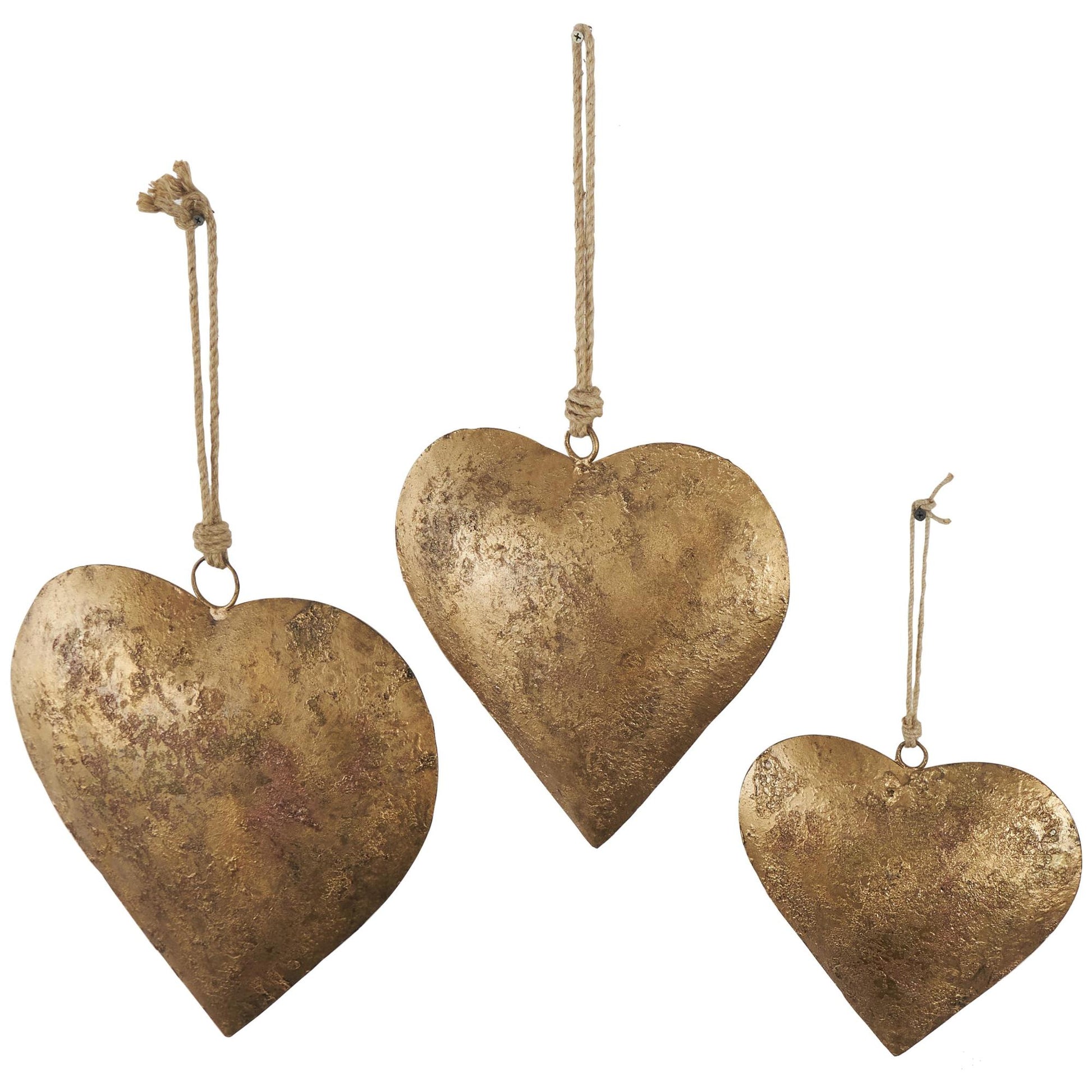 Set of 3 Heart Metal Tibetan Inspired Weathered Indoor Outdoor Decorative Bells with Jute Hanging Rope