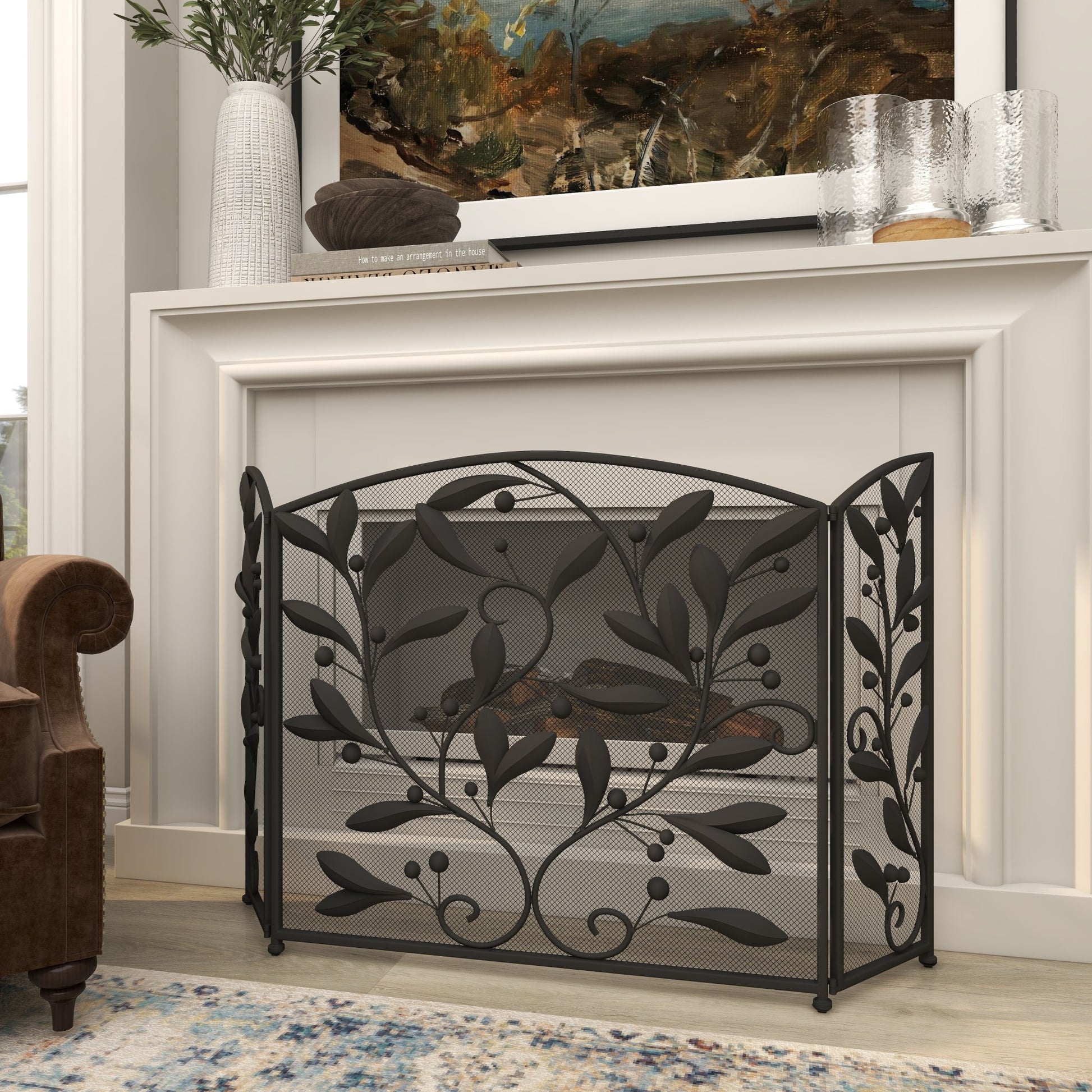 Leaf Metal Foldable Mesh Netting 3 Panel Living Room Fireplace Screen with Leaf and Vine Relief
