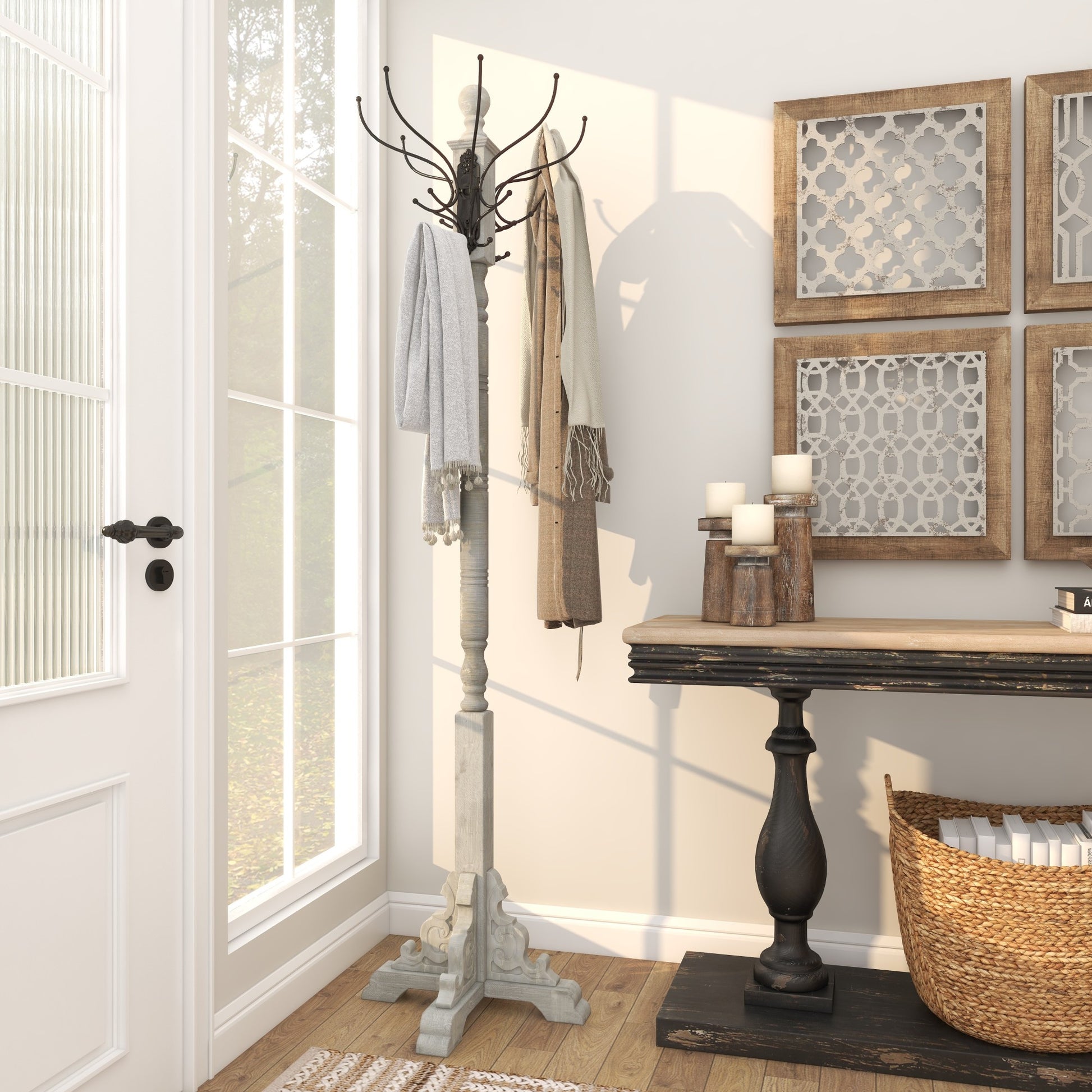 Scroll Gray Wood Vintage Style 12 Hook Freestanding Coat Rack with Black Metal Hooks