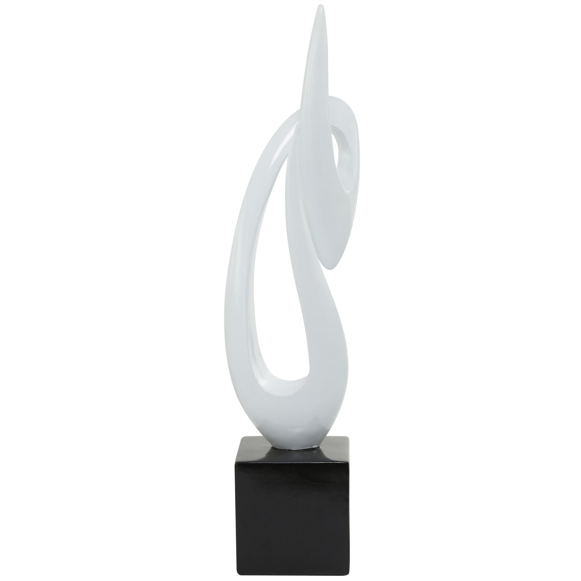 Abstract White Polystone Swirl Decorative Sculpture with Black Base