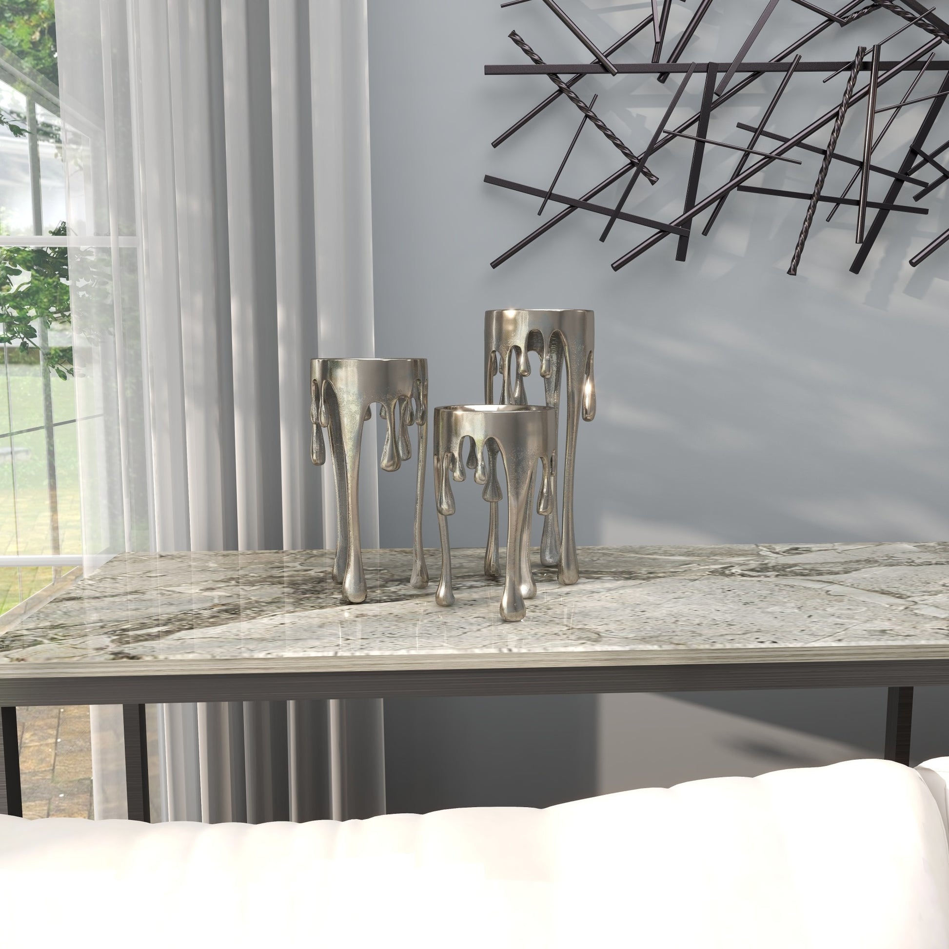 CosmoLiving by Cosmopolitan Set of 3 Abstract Aluminum Metal Drip Decorative Candle Holder with Melting Designed Legs
