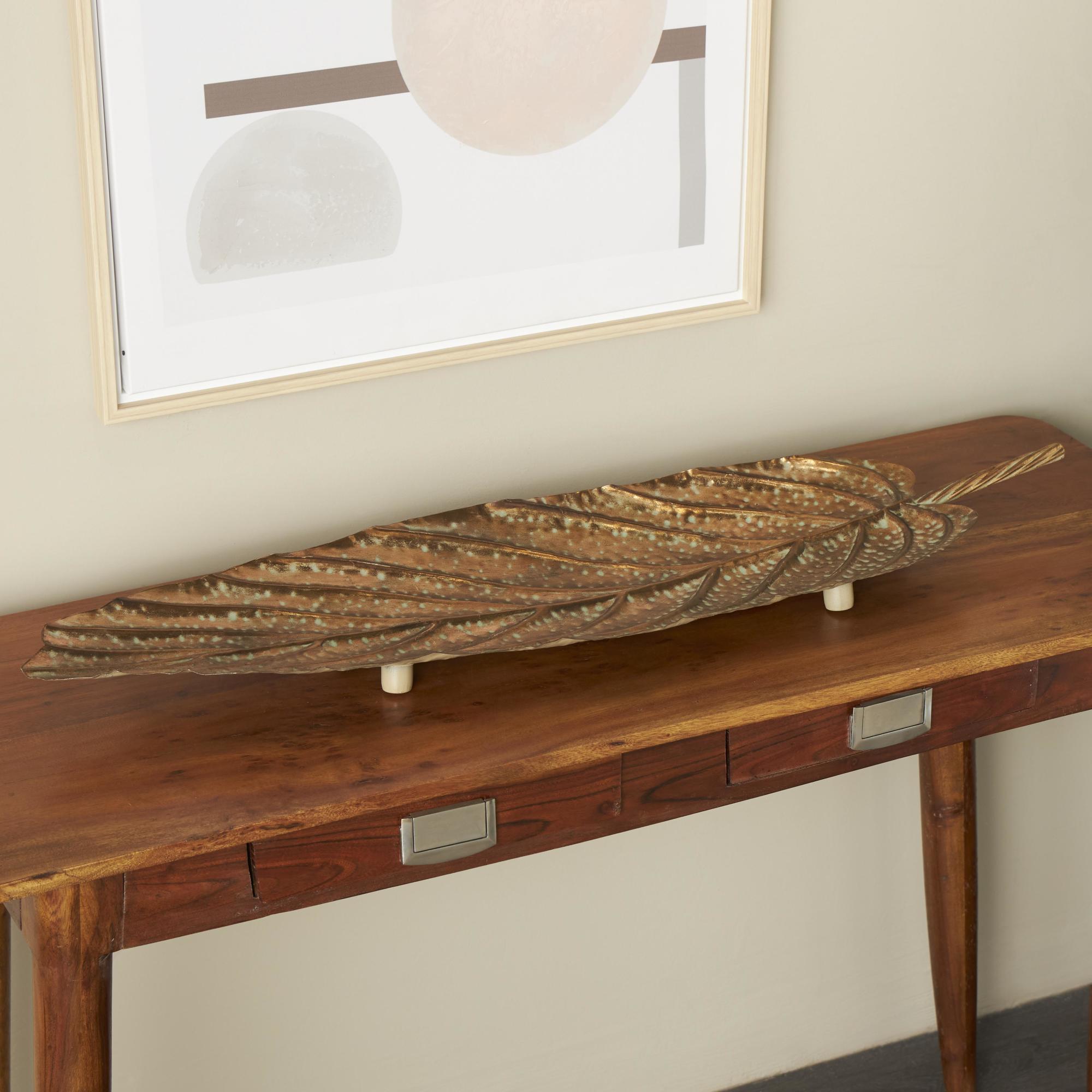 Set of 2 Leaf Copper Metal Textured Living Room Decor Tray with Patina Accents and Elevated Feet