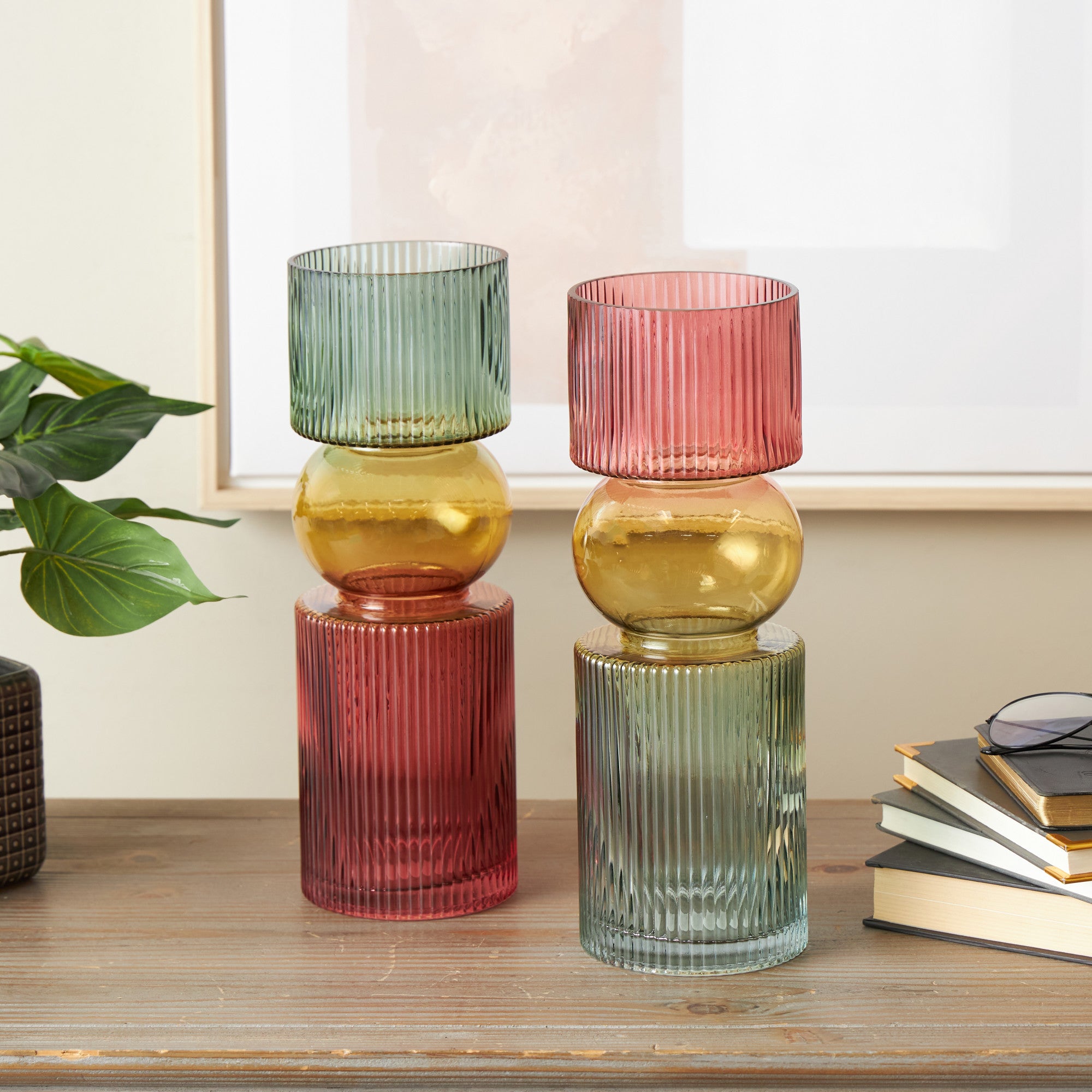 Set of 2 Geometric Multi Colored Glass Ribbed Decorative Vase with Color Blocks