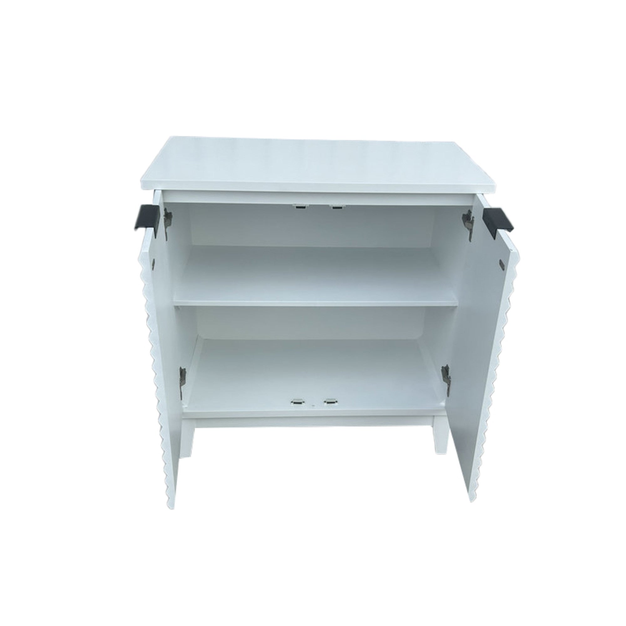 Cream Wooden Angular Ribbed 2 Door Room Cabinet with Black Half Moon Handles