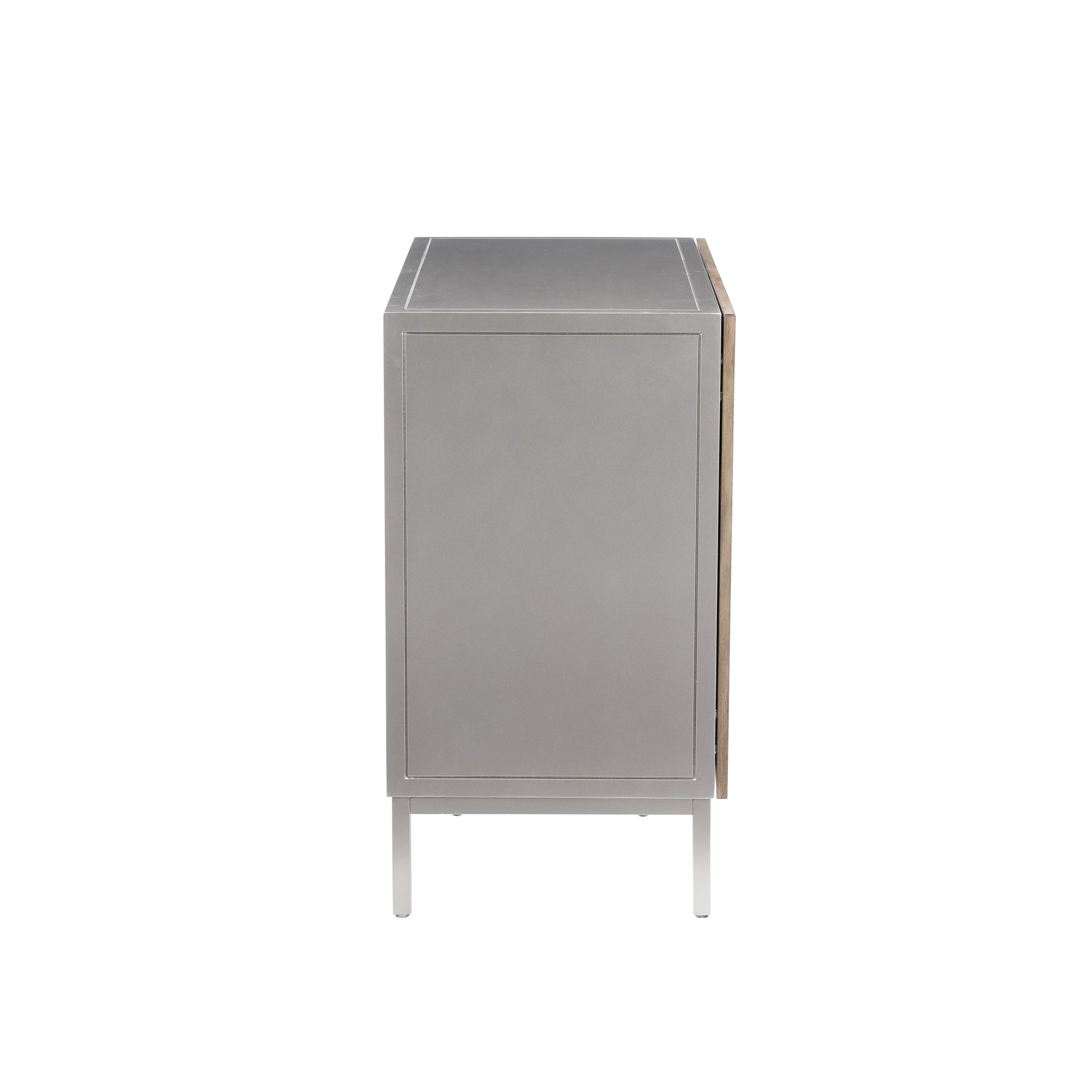 Silver Metal 2 Door Media Credenza Cabinet with Brown Wavy Designed Wooden Front