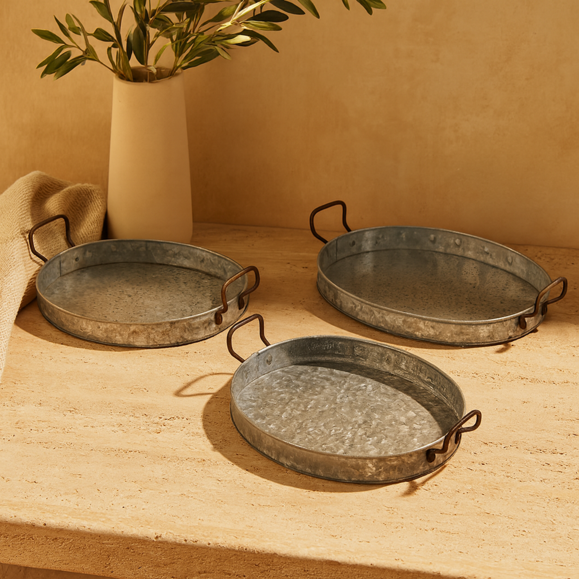 Set of 3 Gray Metal Galvanized Oval Living Room Decor Tray with Rust Handles