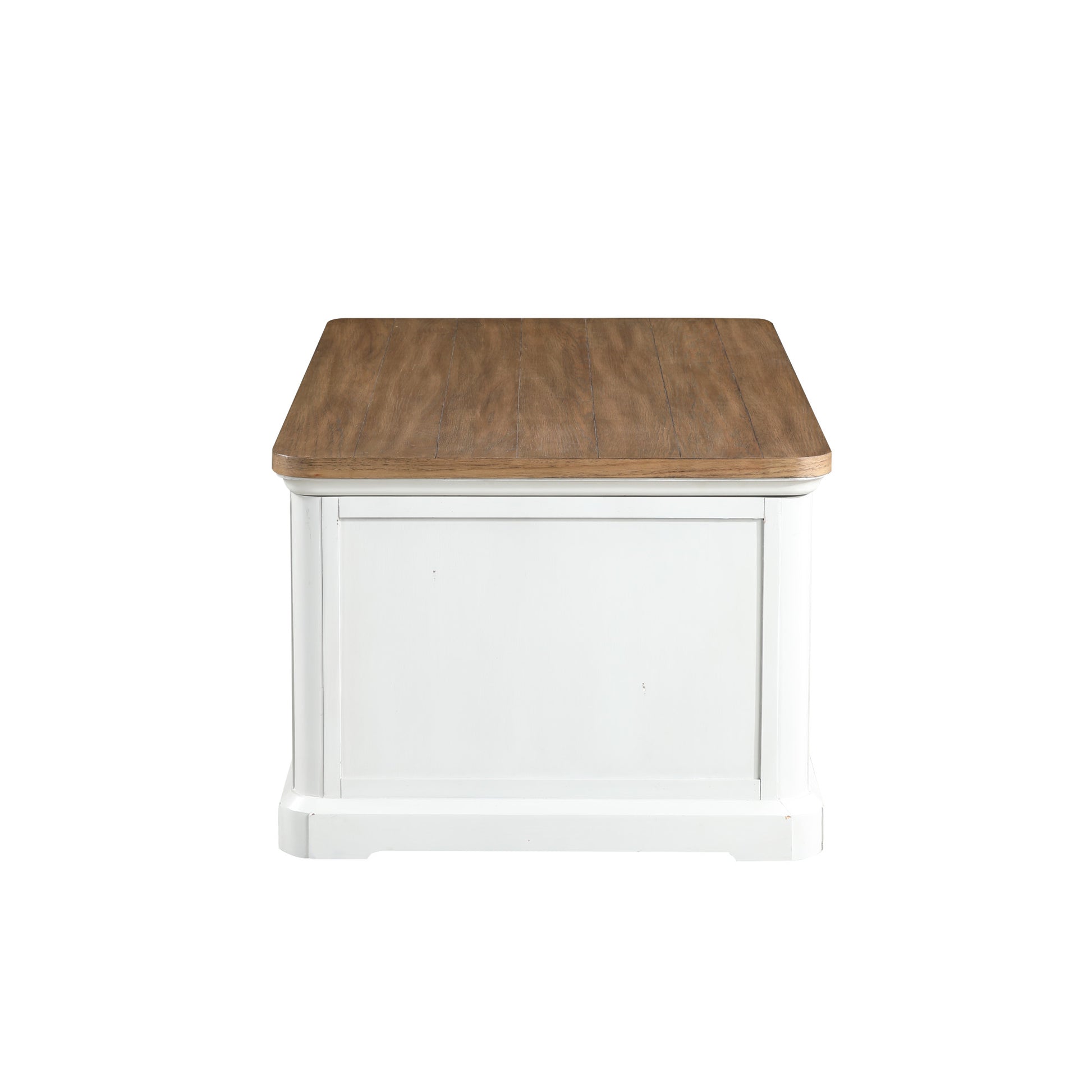 White Wood Lift Top Hidden Storage 4 Drawer Living Room Coffee Table with Brown Wood Tabletop and Black Round Knobs