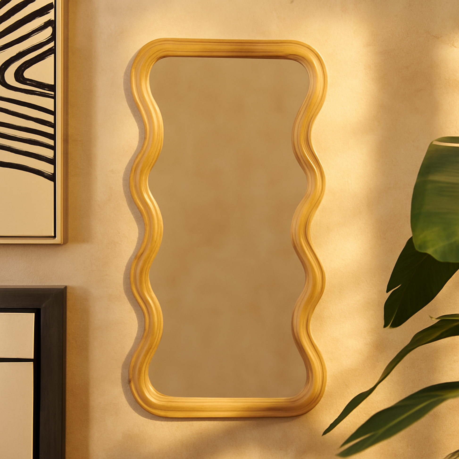 Wood Wavy Room Wall Mirror with Dimensional Carved Frame 20" x 2" x 39"