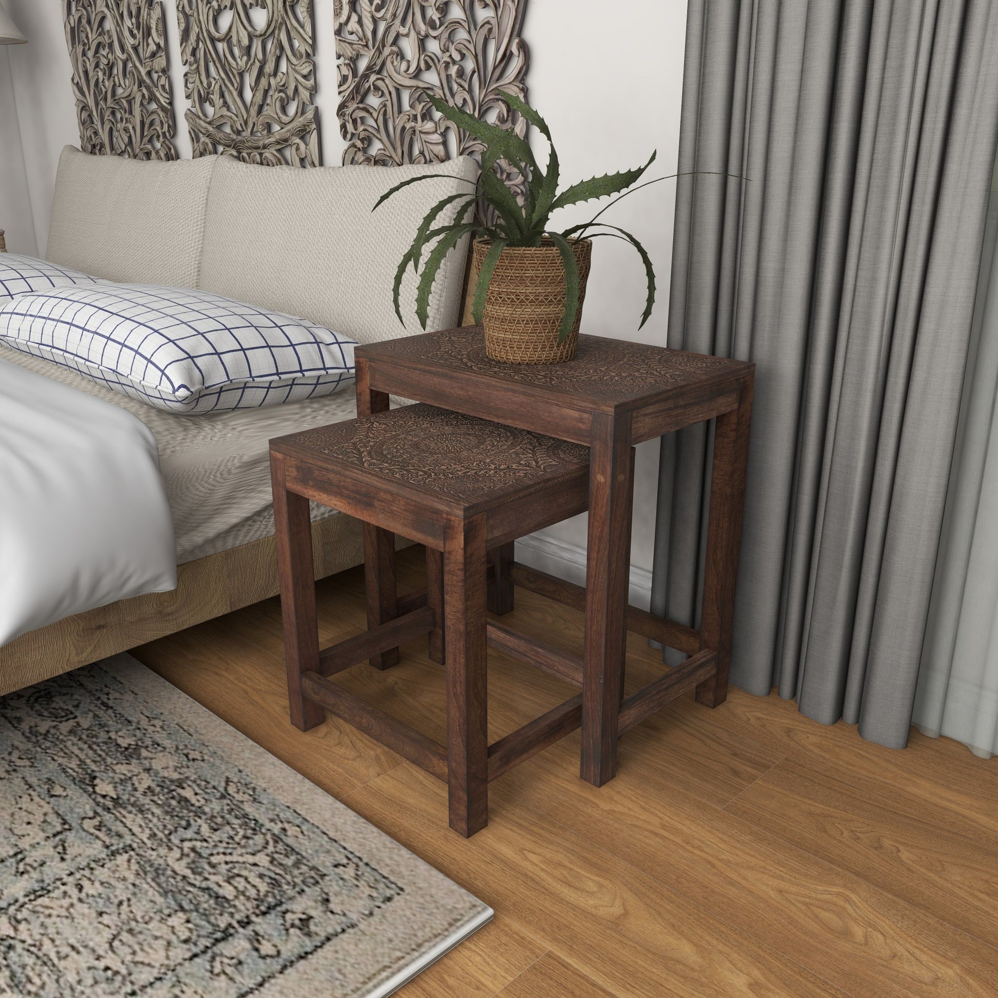 Set of 2 Floral Mango Wood Handmade Intricately Carved Side End Accent Table with Carved Tabletops