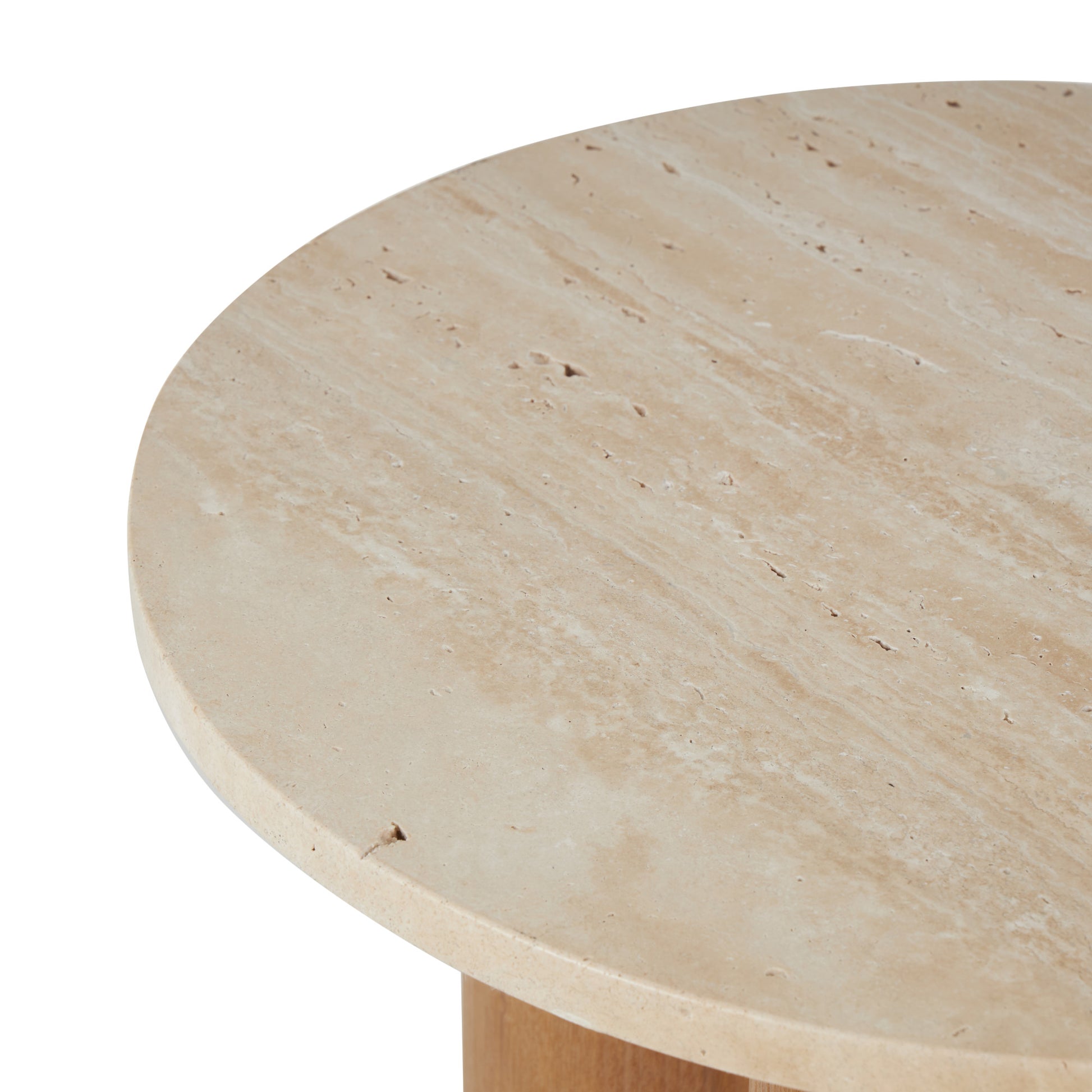 Brown Wood Side End Accent Table with Beige Round Marble Tabletop