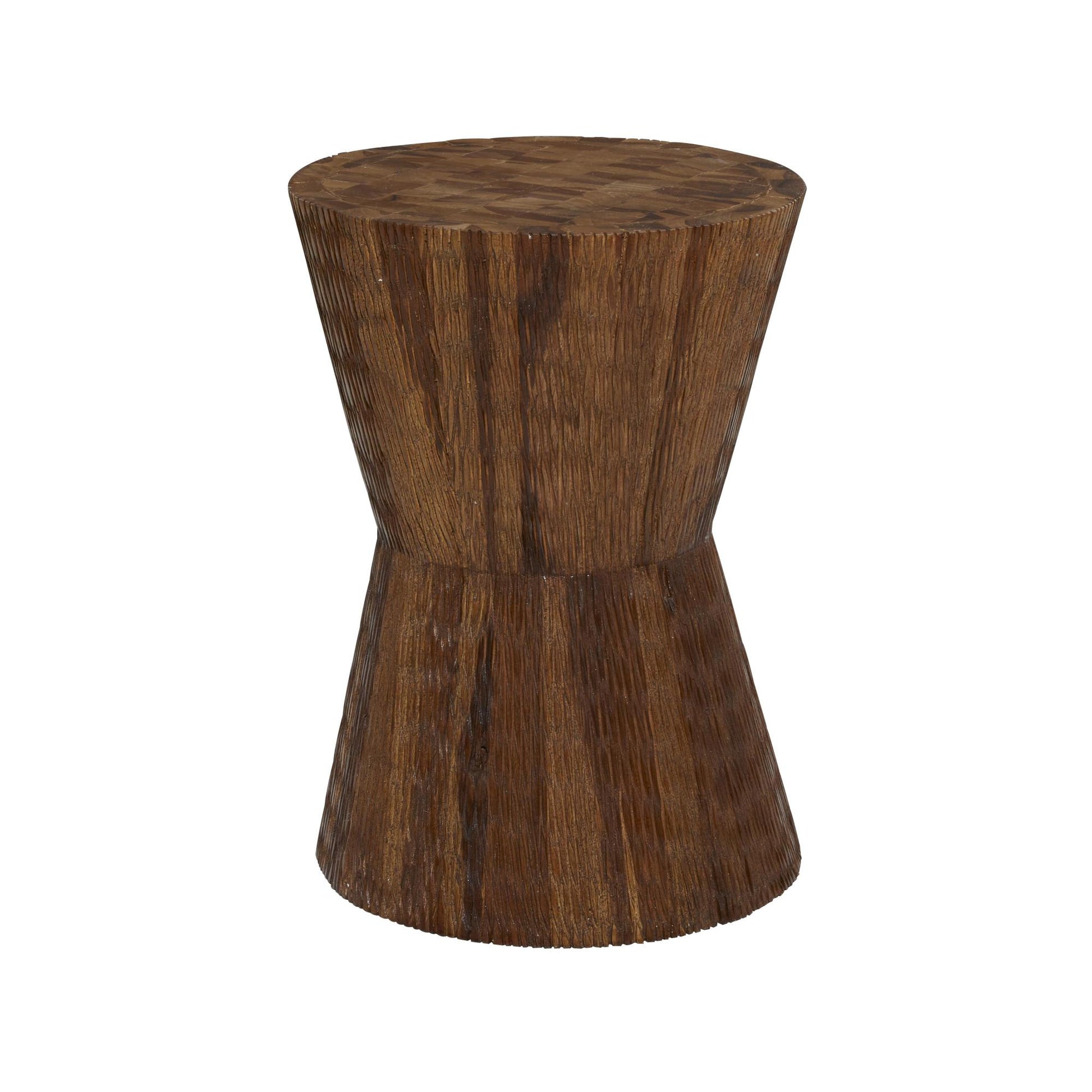 Geometric Teak Wood Handmade Hourglass Side End Accent Table with Stacked Wood Pieces