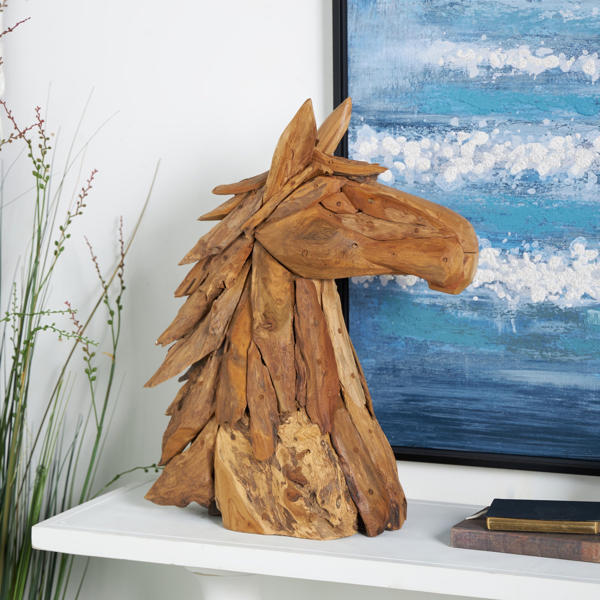 Horse Brown Teak Wood Handmade Head Decorative Sculpture with Layered Woodchip Pieces
