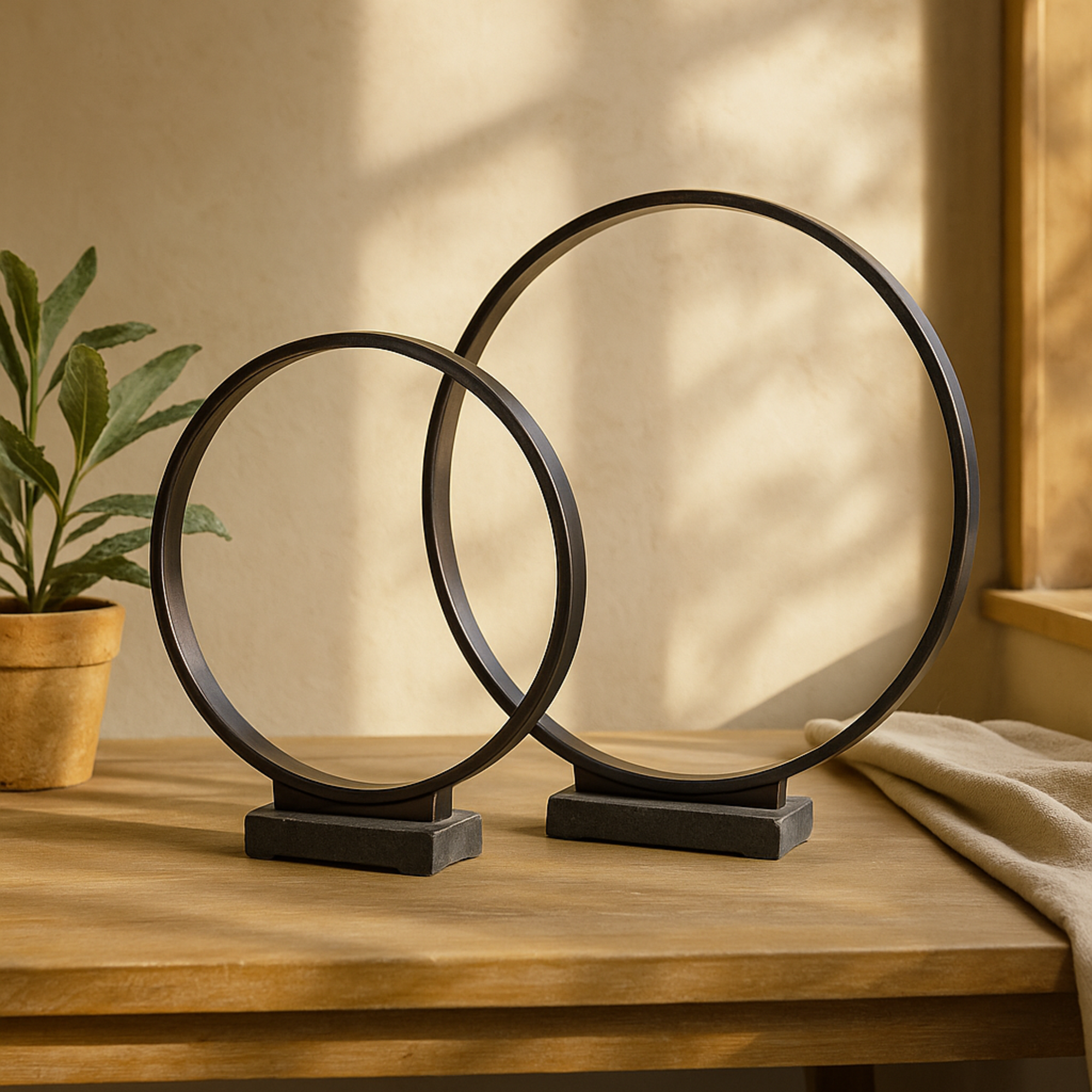 Set of 2 Geometric Aluminum Metal Decorative Sculpture with Marble Base