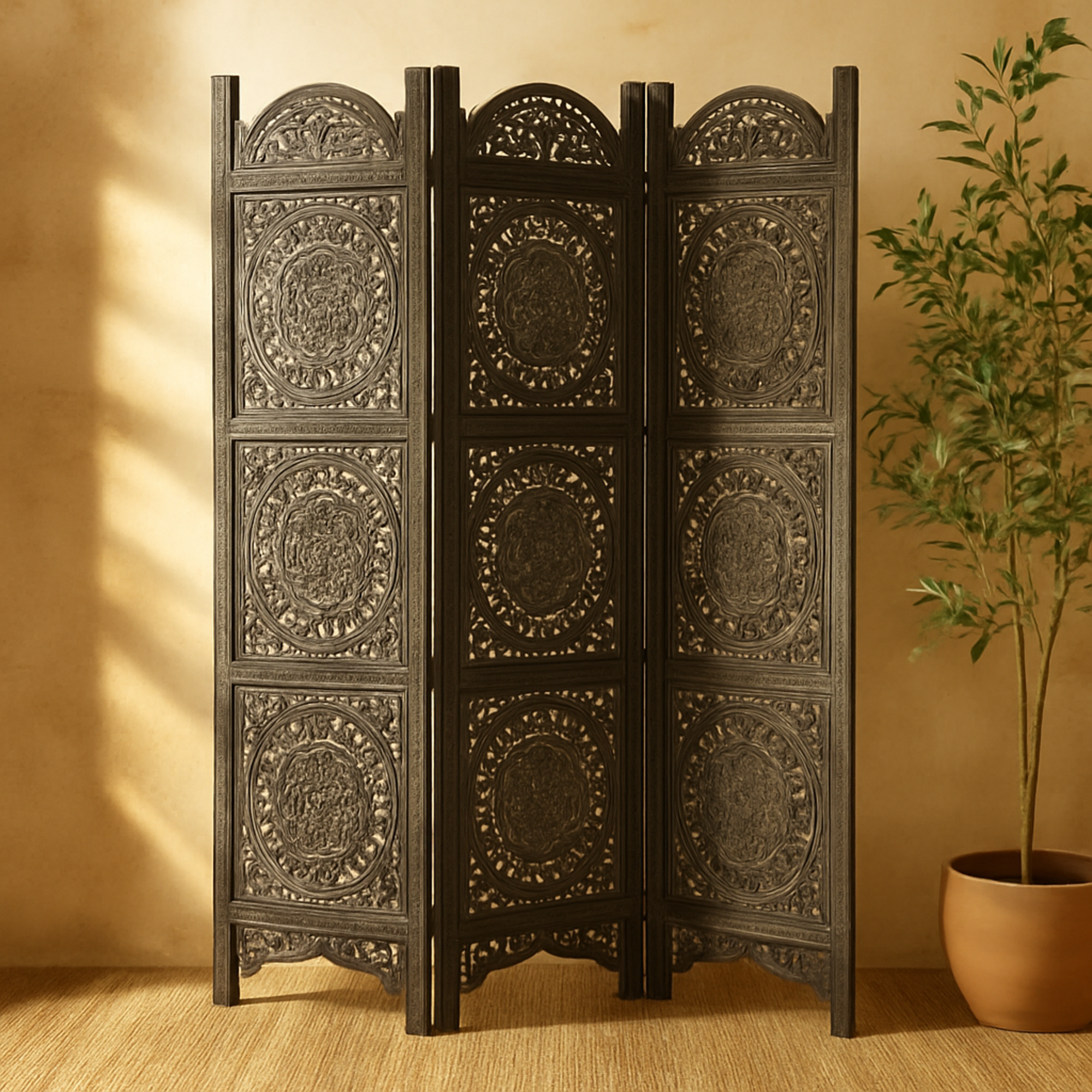 Floral Black Wood Handmade Foldable Partition 3 Panel Partition Room Divider Screen with Carved Designs