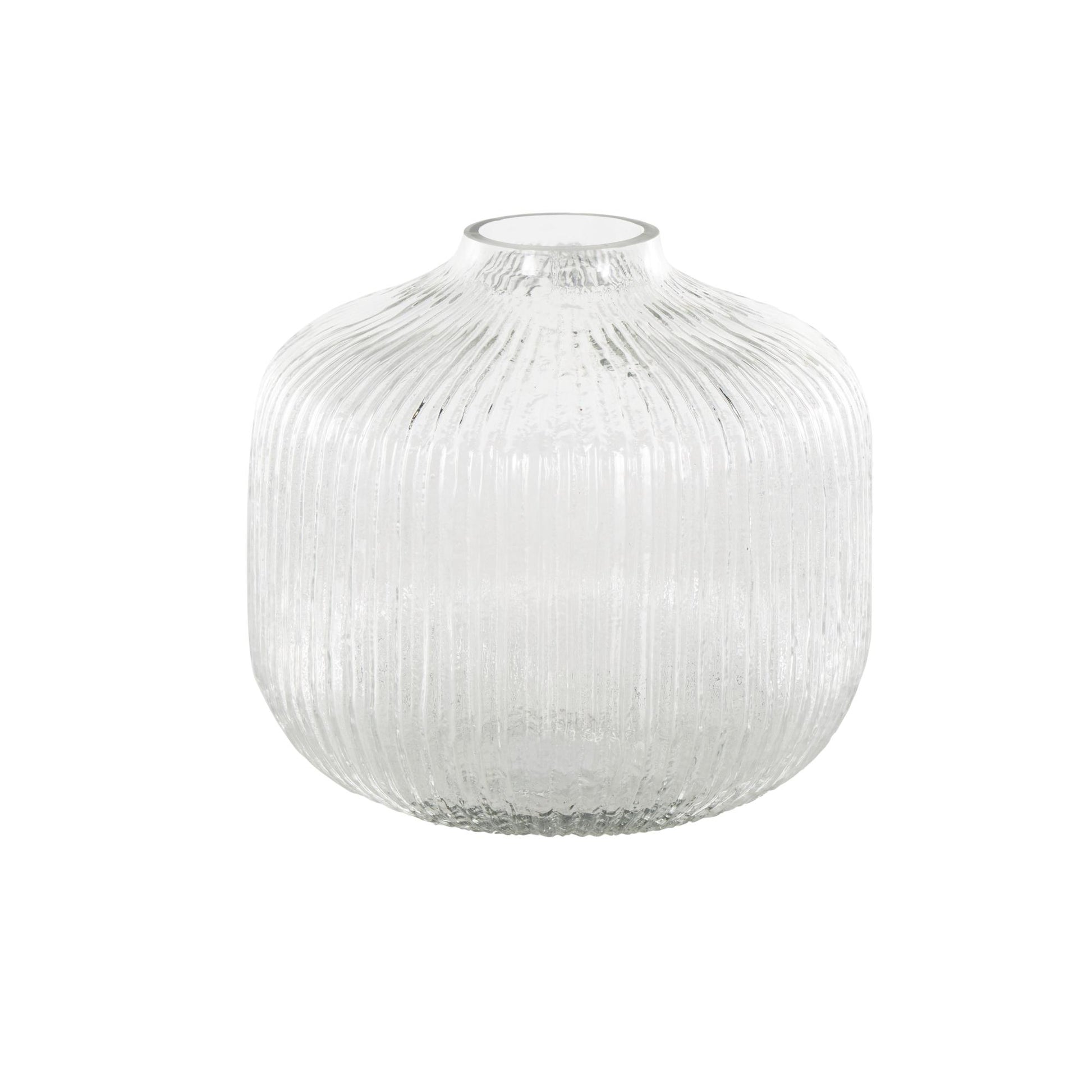 Clear Glass Short Round Ribbed Fluted Decorative Vase