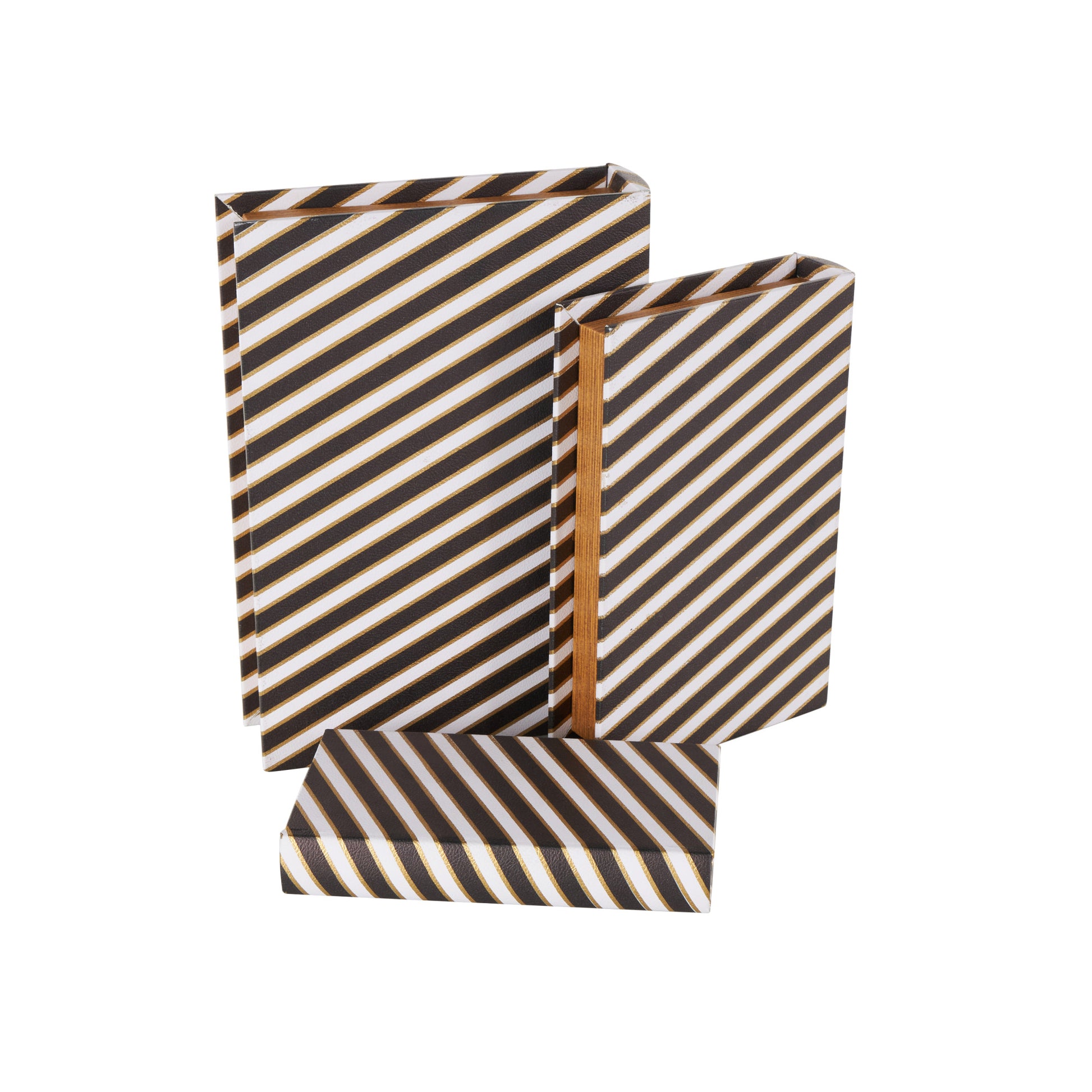 Set of 3 Black Faux Leather Striped Faux Book Storage Decorative Box with White and Metallic Gold Accents