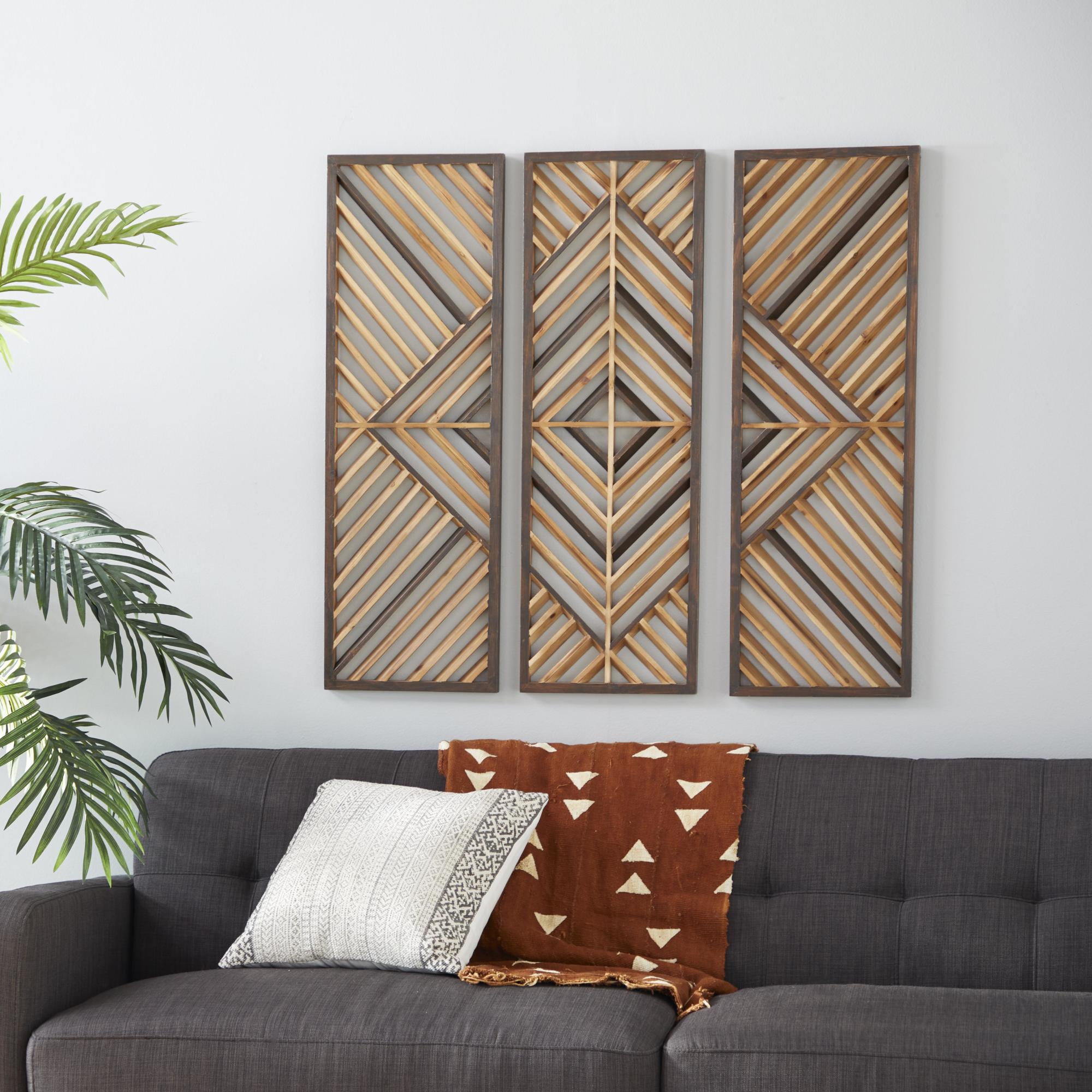 Set of 3 Geometric Brown Wood Slatted Wood Design Home Wall Decor