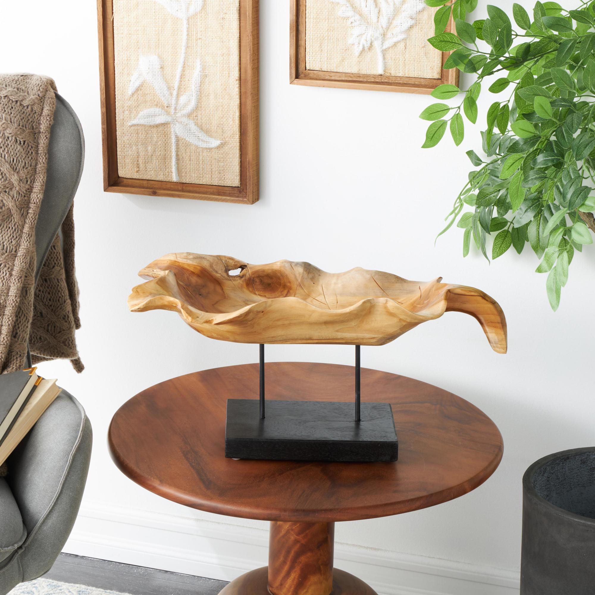 Leaf Brown Teak Wood Floating Decorative Sculpture with Black Stand and Base