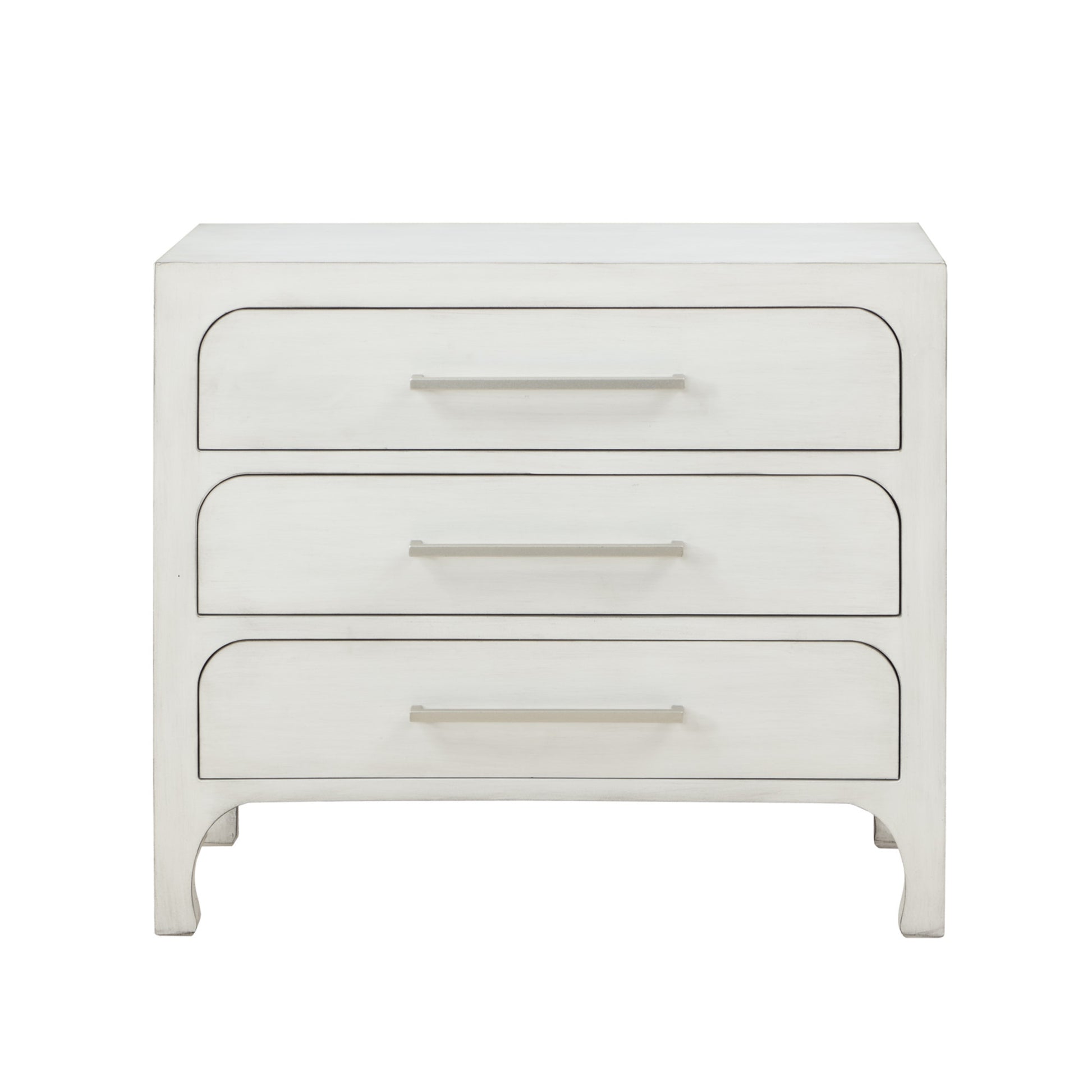 White Wooden 3 Drawer Room Dresser with Curved Drawer Frames and Legs and Silver Bar Handles