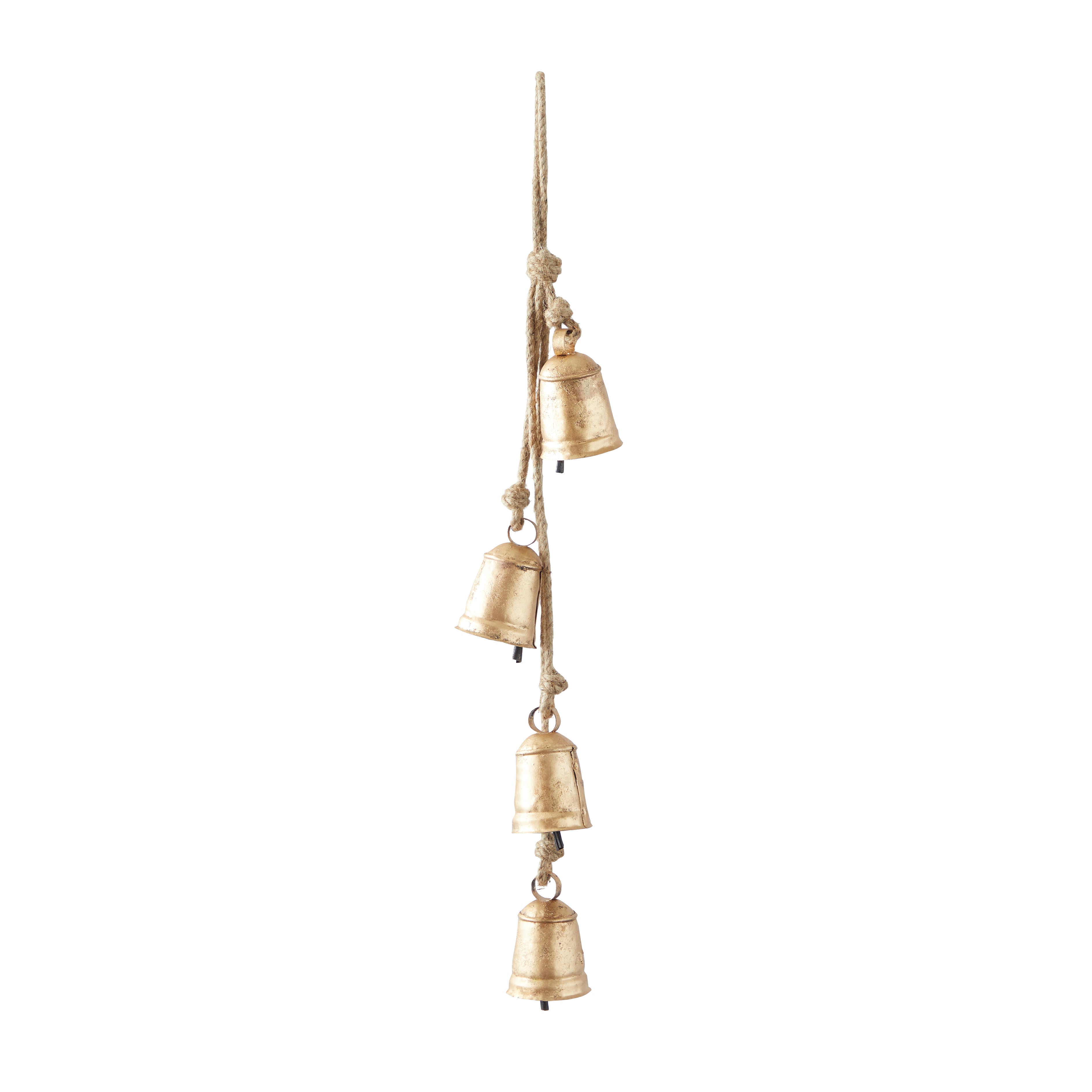 Metal Handmade Tibetan Inspired Indoor Outdoor Decorative Cow Bells with 4 Bells on Jute Hanging Rope