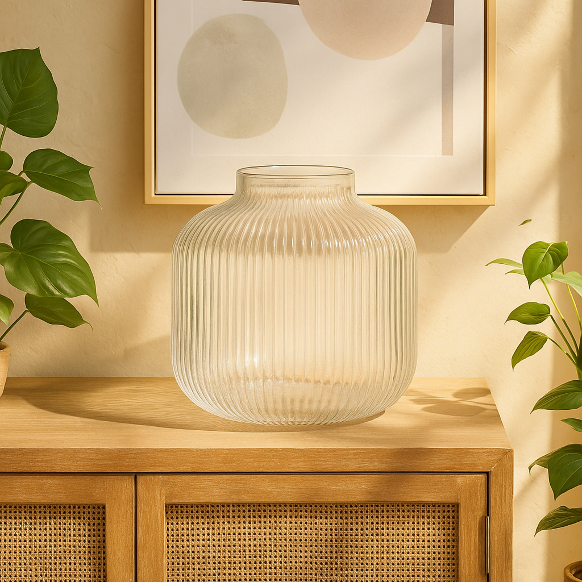 Clear Glass Short Round Ribbed Decorative Vase