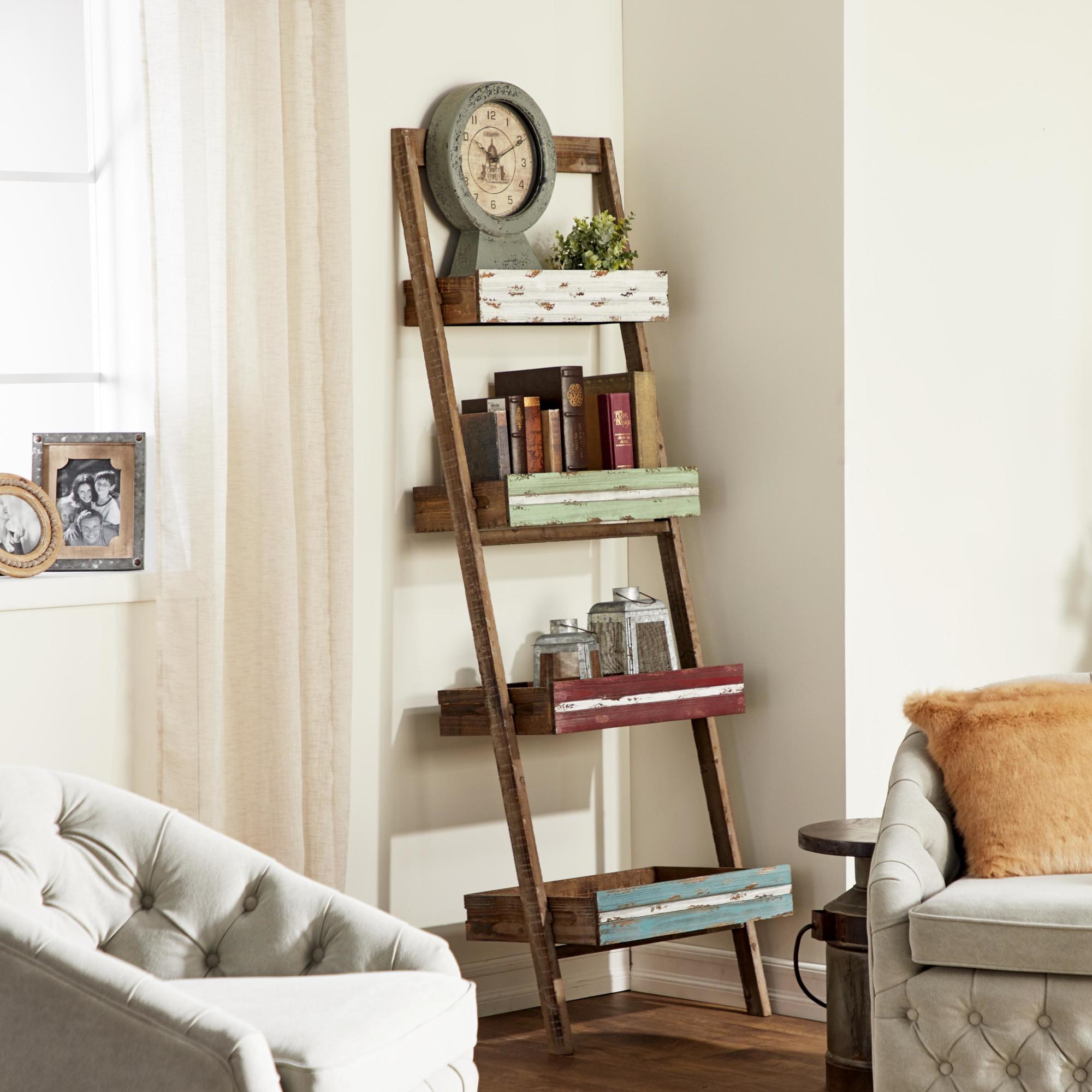 Brown Wood Leaning Ladder 4 Level Storage Shelving Unit with Colorful Washed Accents