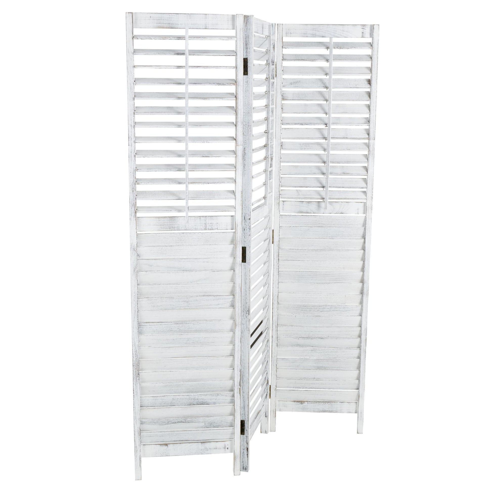 White Wood Washed Shutter Top 3 Panel Partition Room Divider Screen with Gray Distressing
