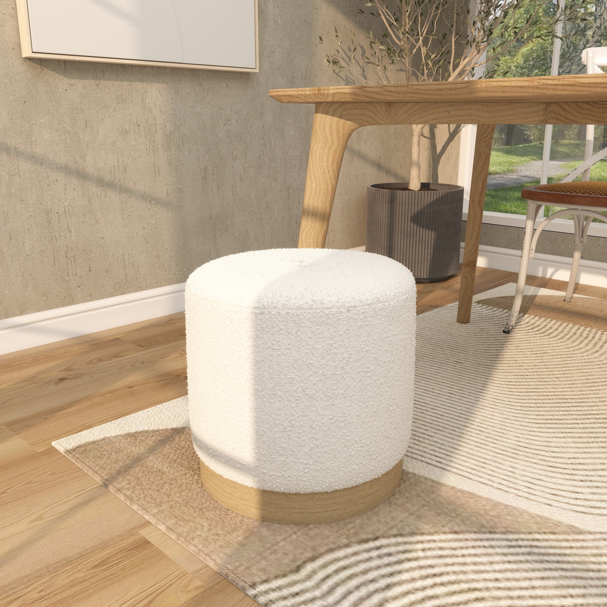 Geometric White Polyester Boucle Living Room Stool with Brown Wooden Base