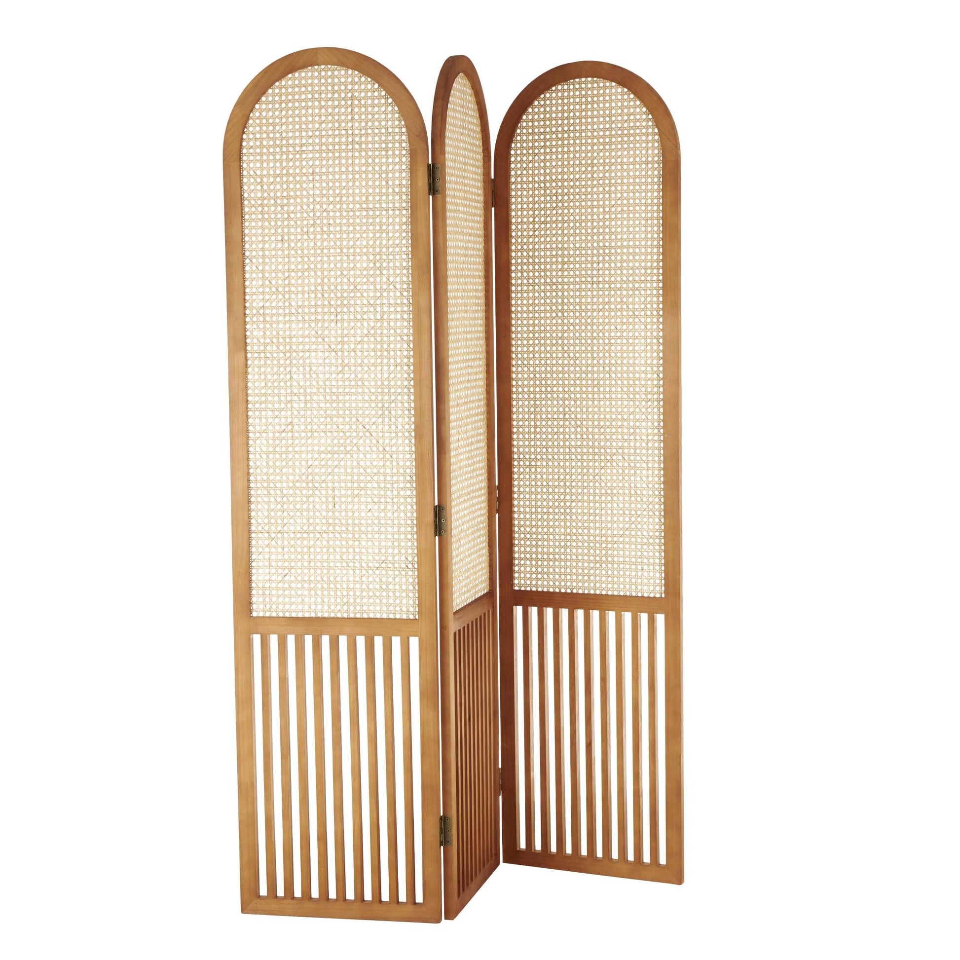 Wood Arched 3 Panel Partition Room Divider Screen with Slatted Wood Base and Tan Rattan Panels