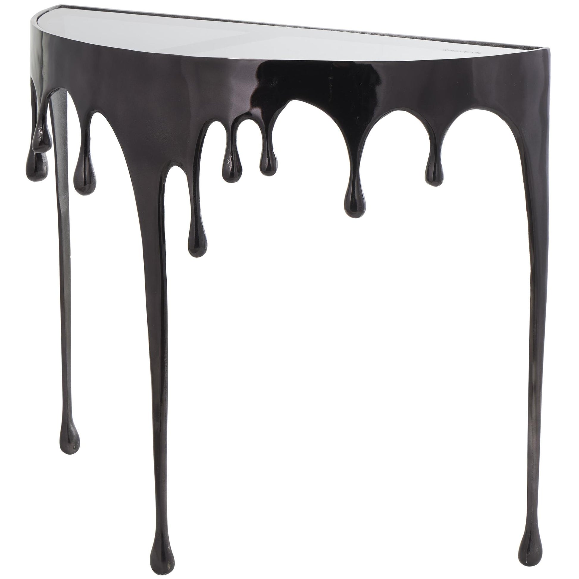 Abstract Aluminum Metal Crescent Drip Living Room Console Table with Melting Design Legs and Glass Top