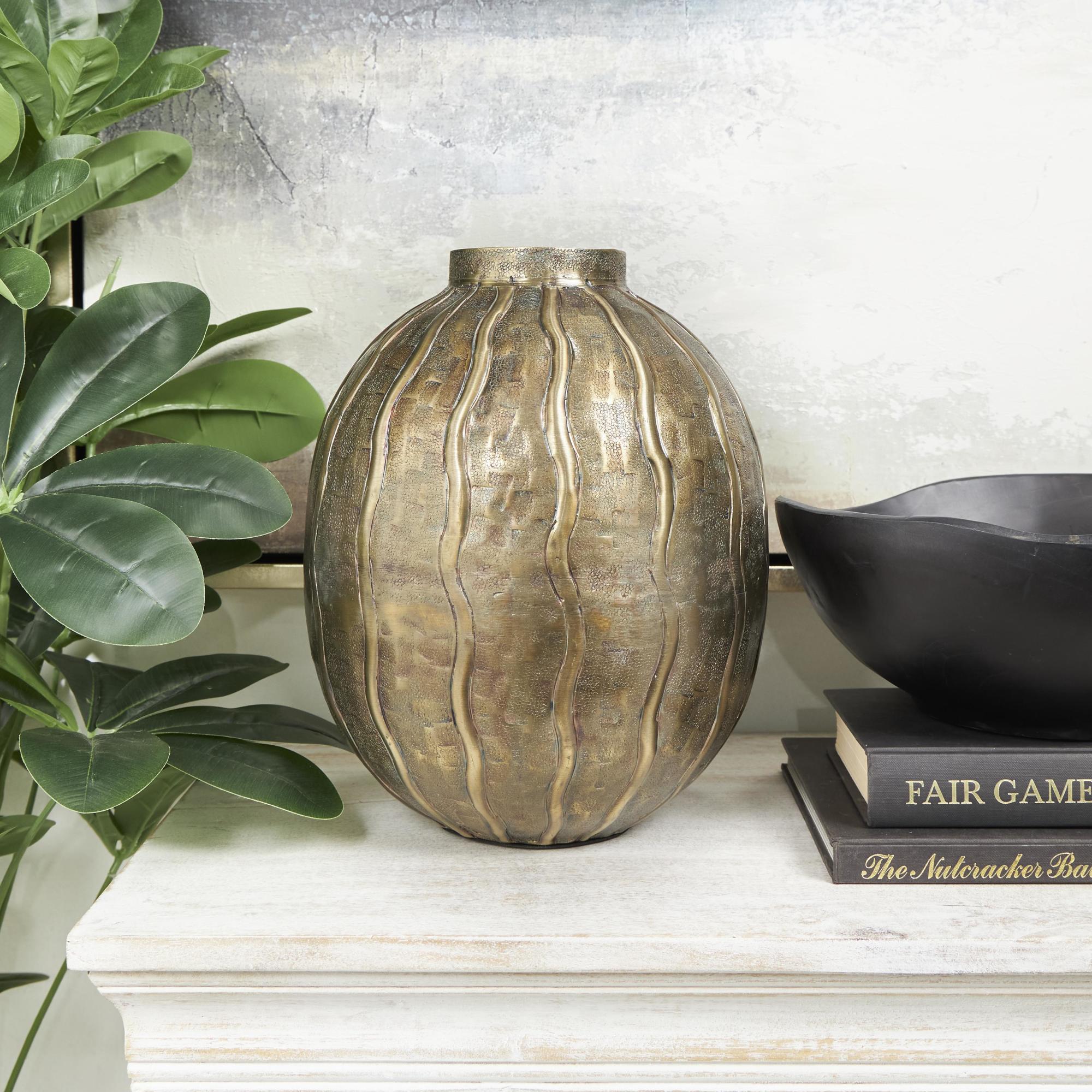 Brass Metal Snakeskin Inspired Decorative Vase with Dimensional Wavy Accents