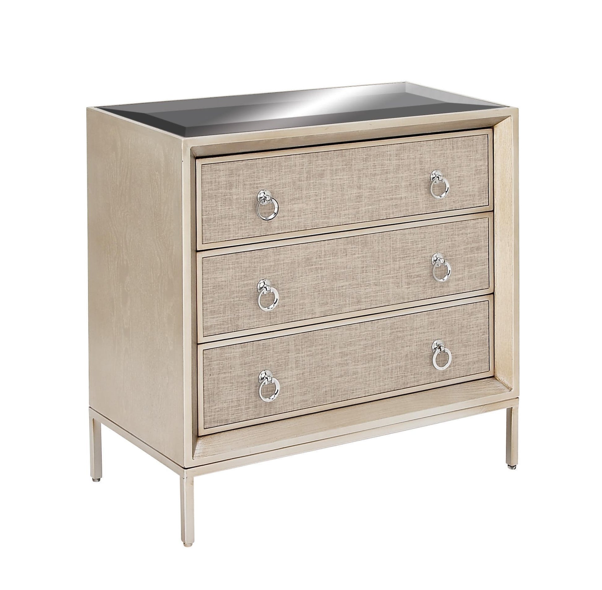 Beige Wooden Upholstered Front Panel 3 Drawer Room Chest with Mirrored Top and Ring Handles