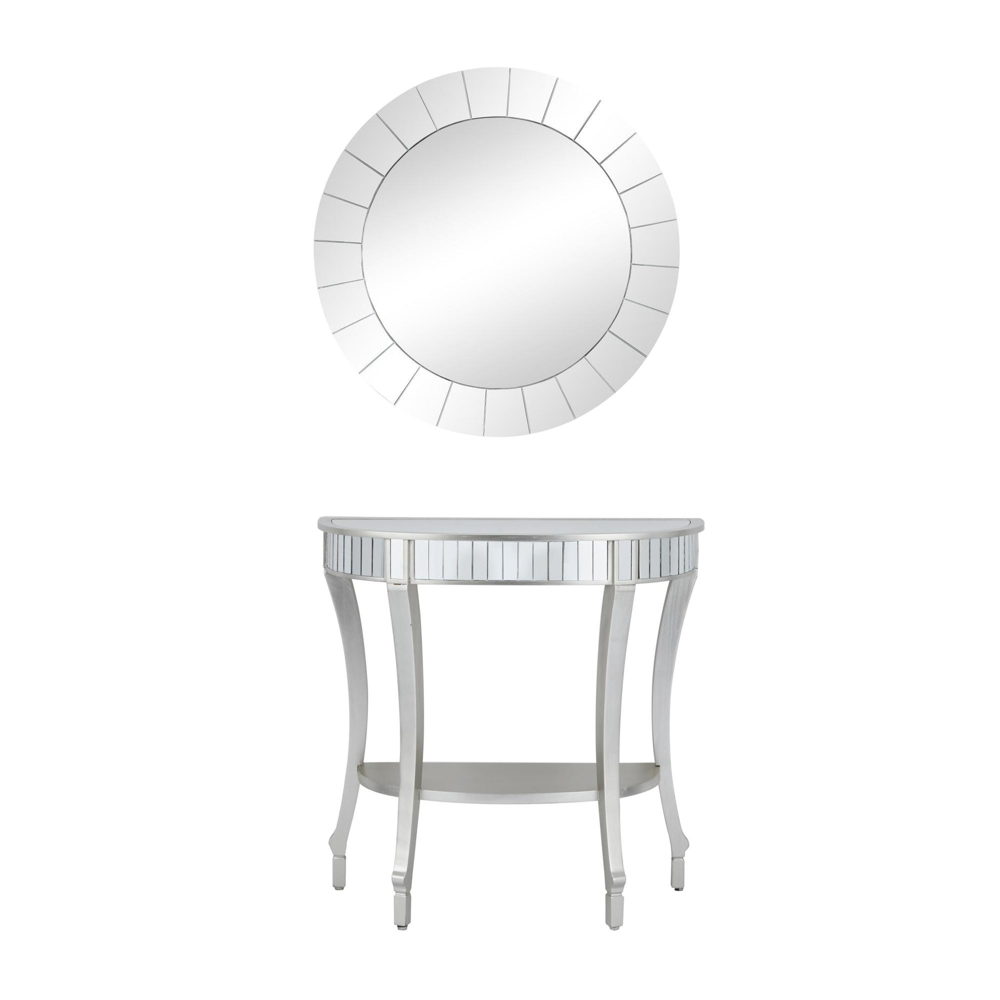 Set of 2 Silver Wood Mirrored Panel Half Moon Living Room Console Table with Mirror