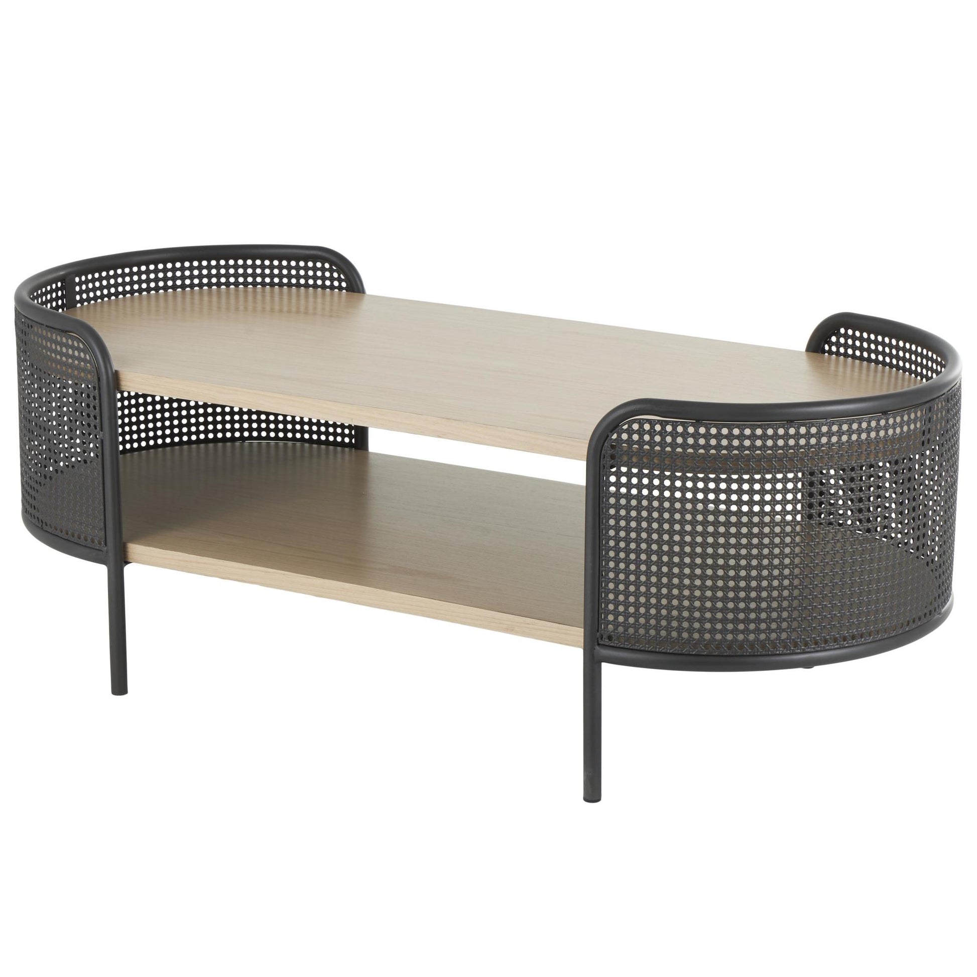 Light Brown Wooden Oval Two-Toned Living Room Coffee Table with Mesh Side Panels and Brown Wood Tabletop