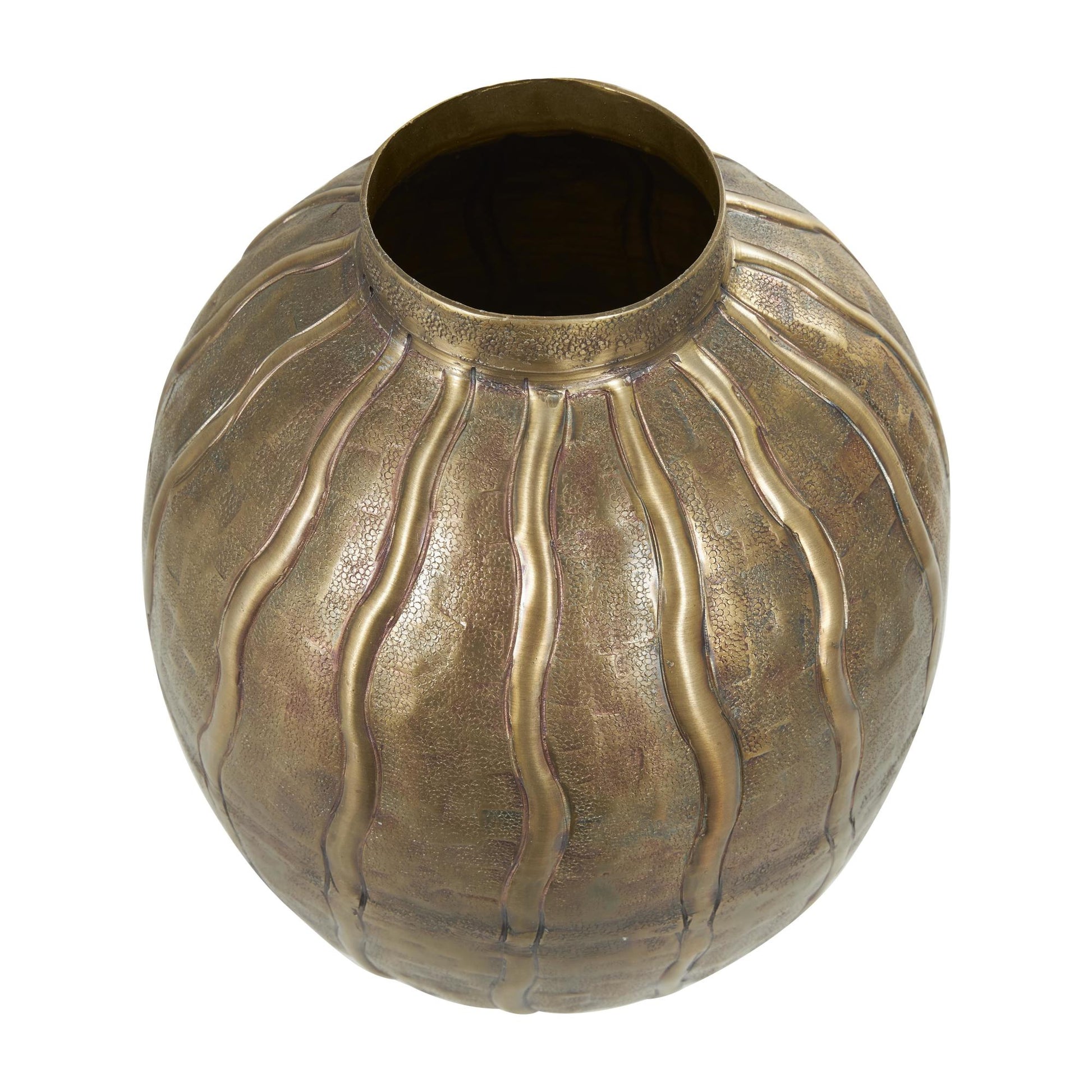 Brass Metal Snakeskin Inspired Decorative Vase with Dimensional Wavy Accents