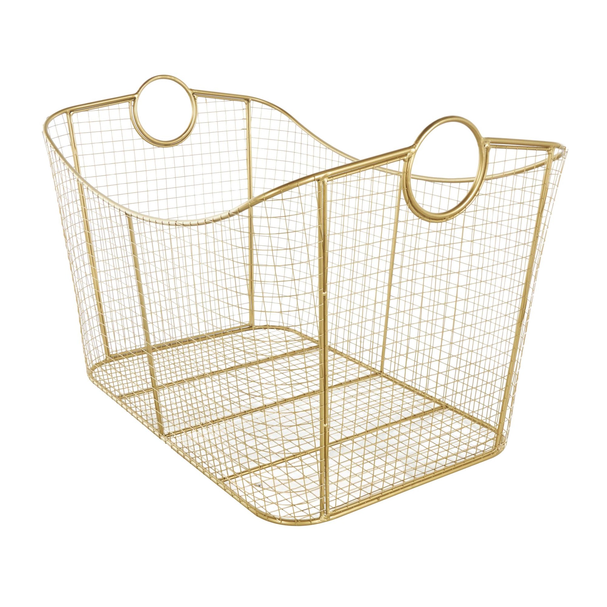Geometric Metal Wire Grid Decorative and Functional Storage Basket with Curved Sides and Ring Handles