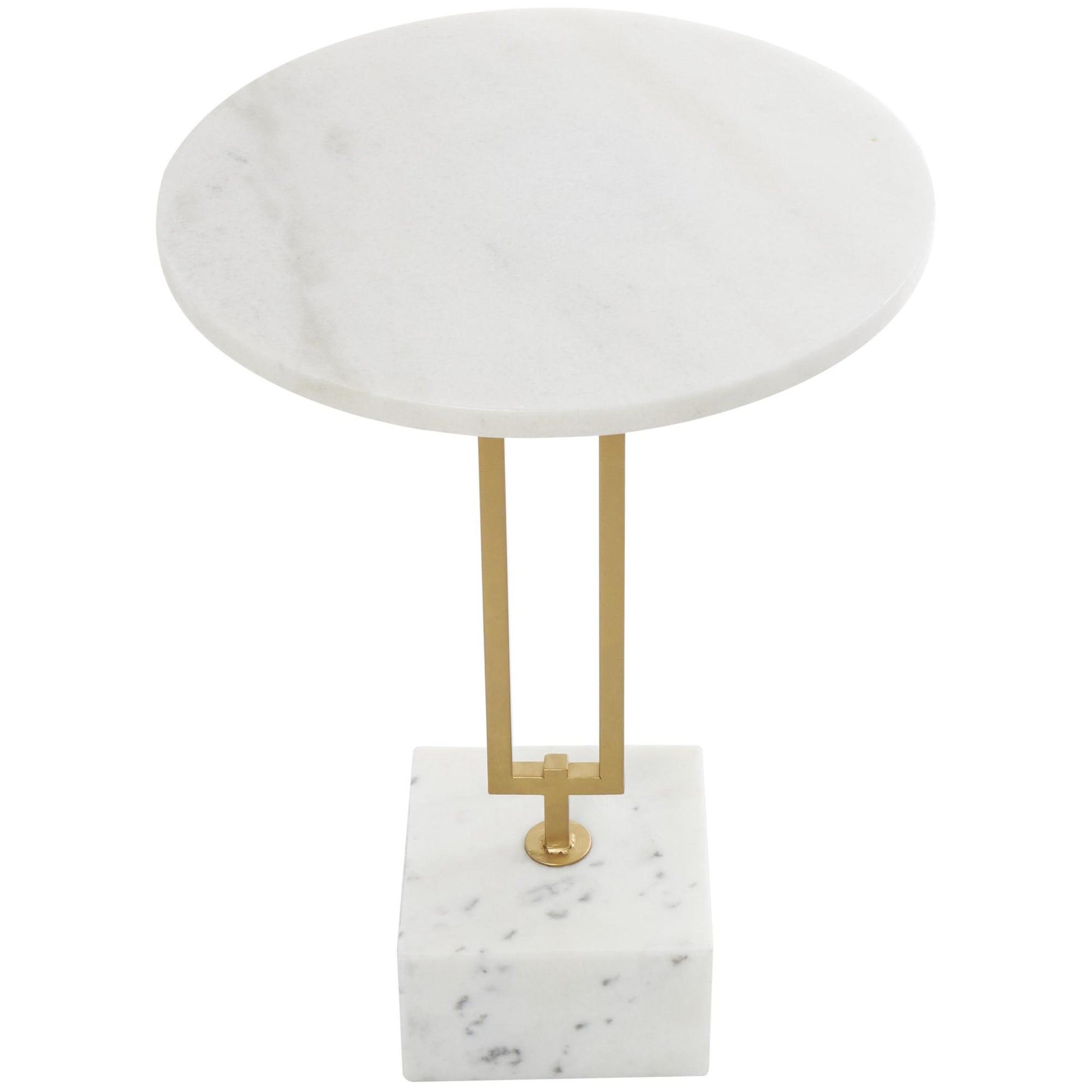 Geometric White Marble Side End Accent Table with Gold Metal Rectangular Stand