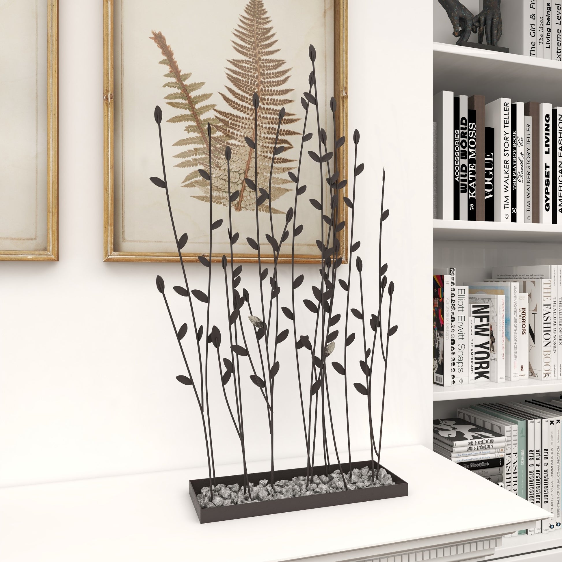 Floral Black Metal Decorative Sculpture with Loose Stones