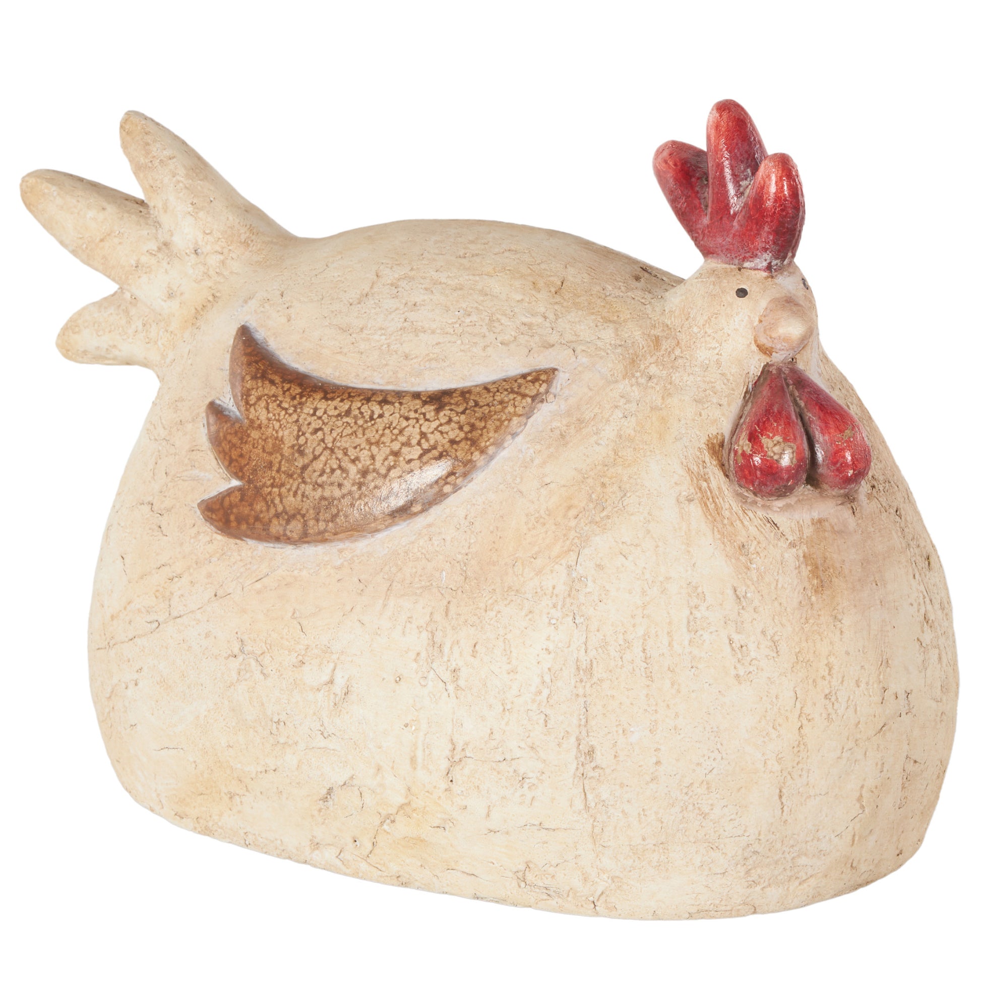 Rooster Cream Magnesium Oxide Sitting Decorative Garden Sculpture with Brown and Red Accents