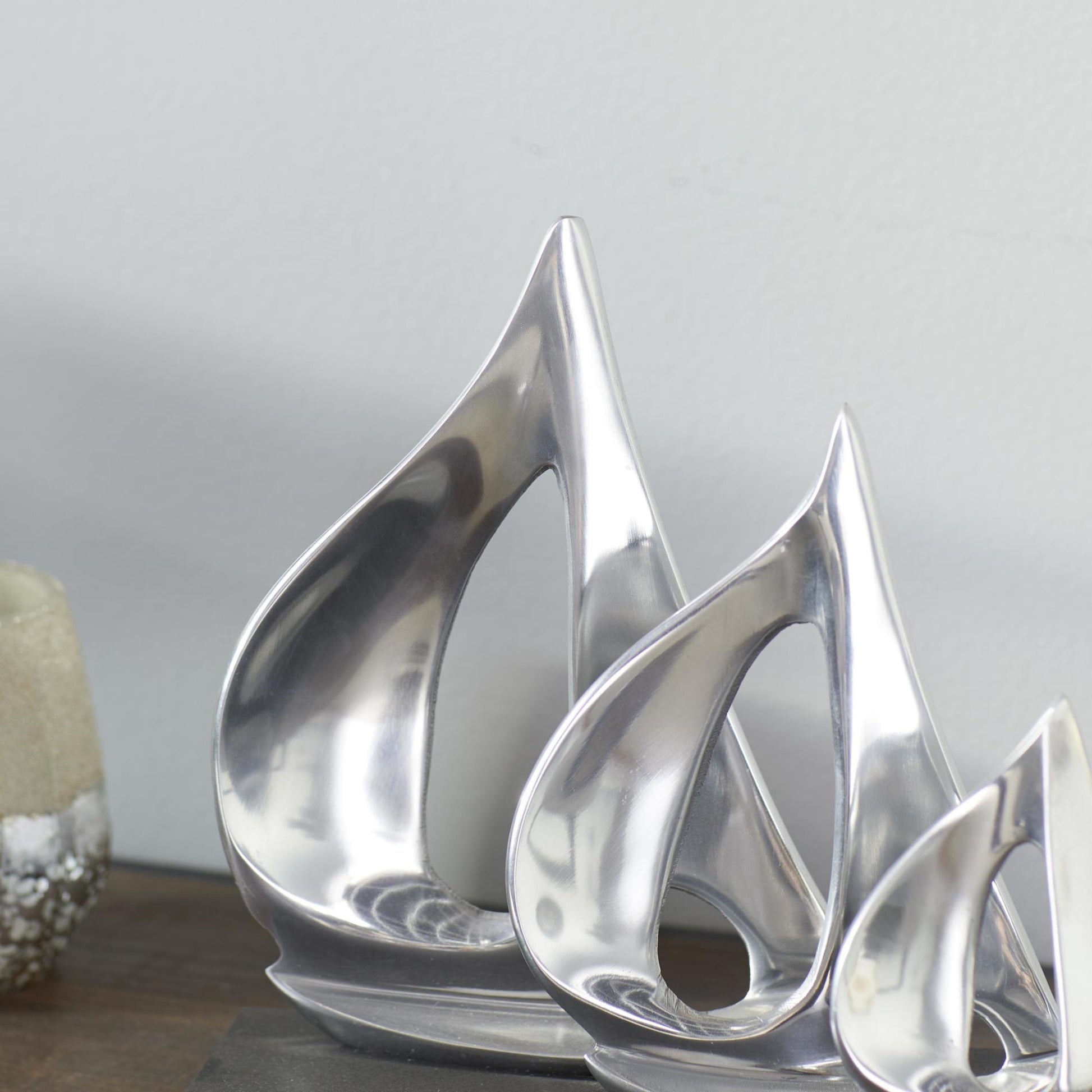Sail Boat Silver Aluminum Metal Decorative Sculpture with Black Base