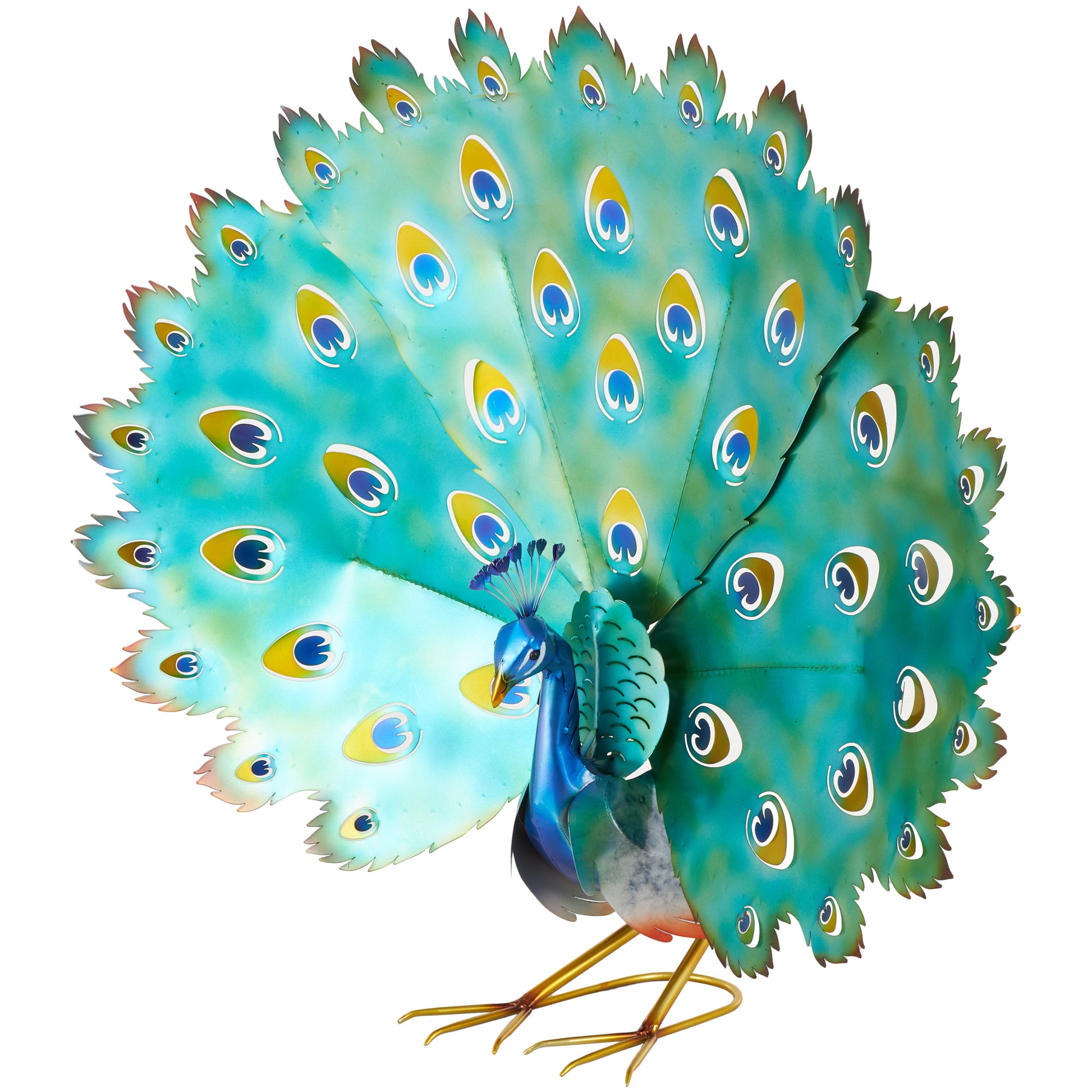 Peacock Blue Metal Decorative Garden Sculpture with Gold Legs and Teal Wings