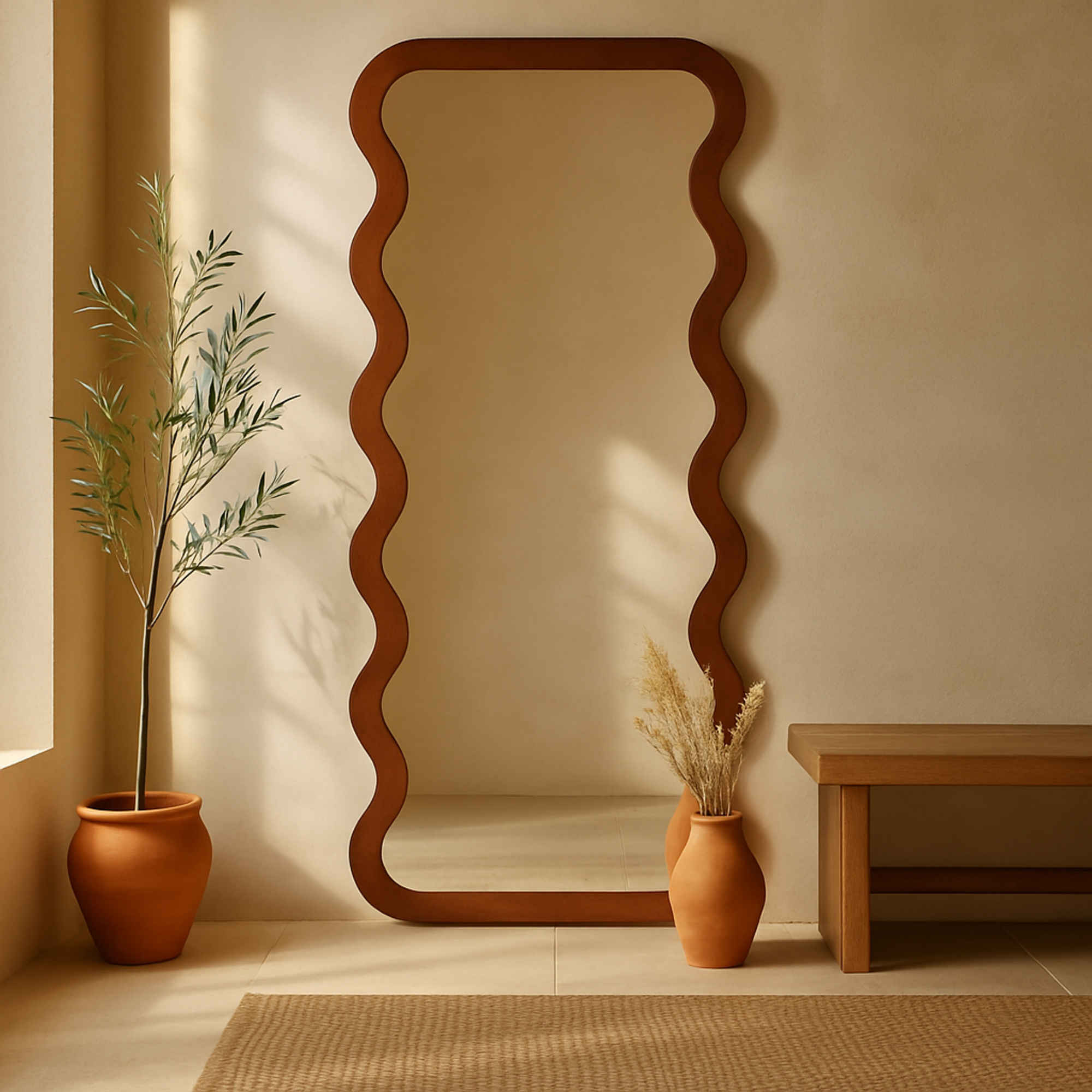 Dark Brown Wood Wavy Room Wall Mirror